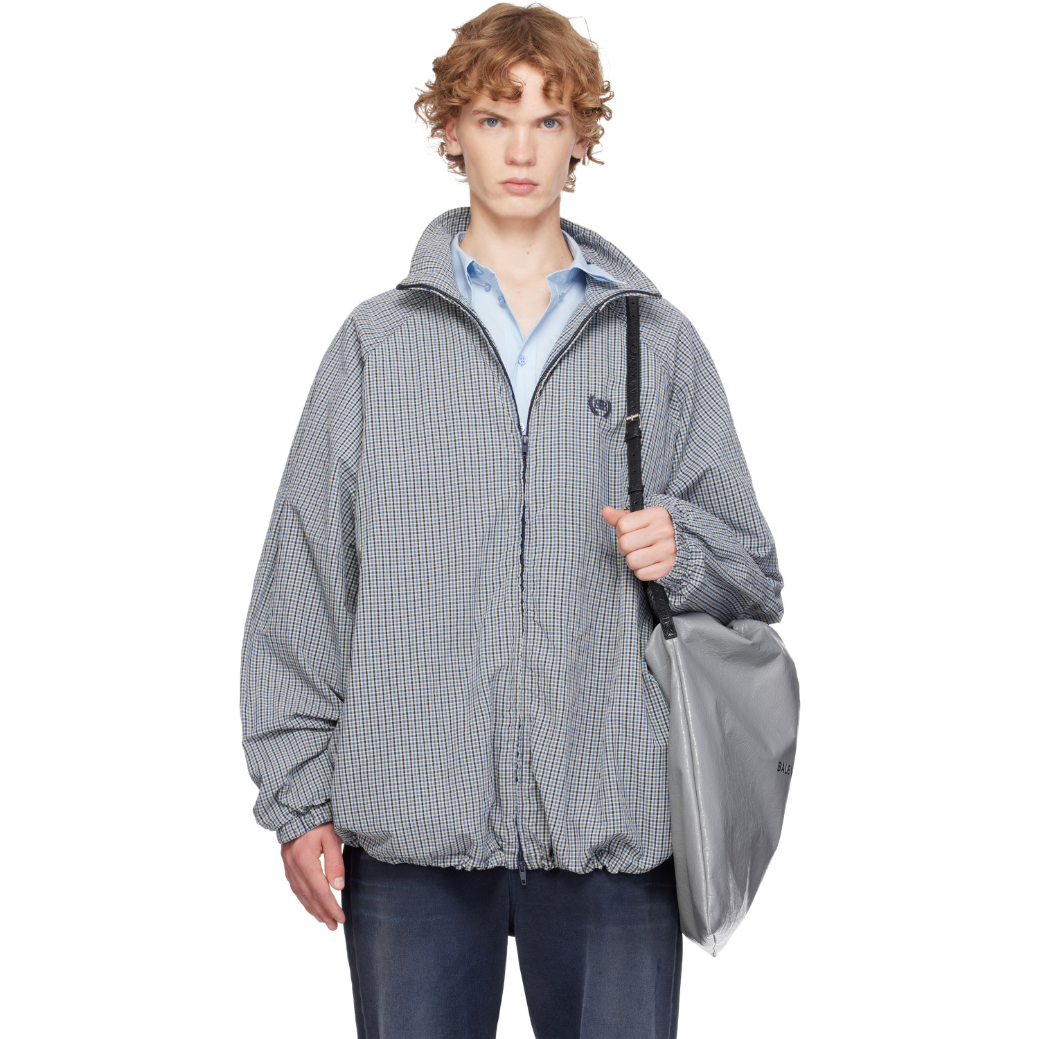 Balenciaga Blue & Beige Cotton Linen Check Zip-Up Jacket