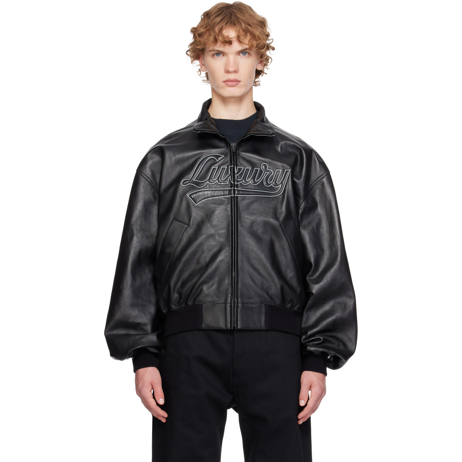 Balenciaga Black Smooth Semi Grainy Leather Bomber Jacket