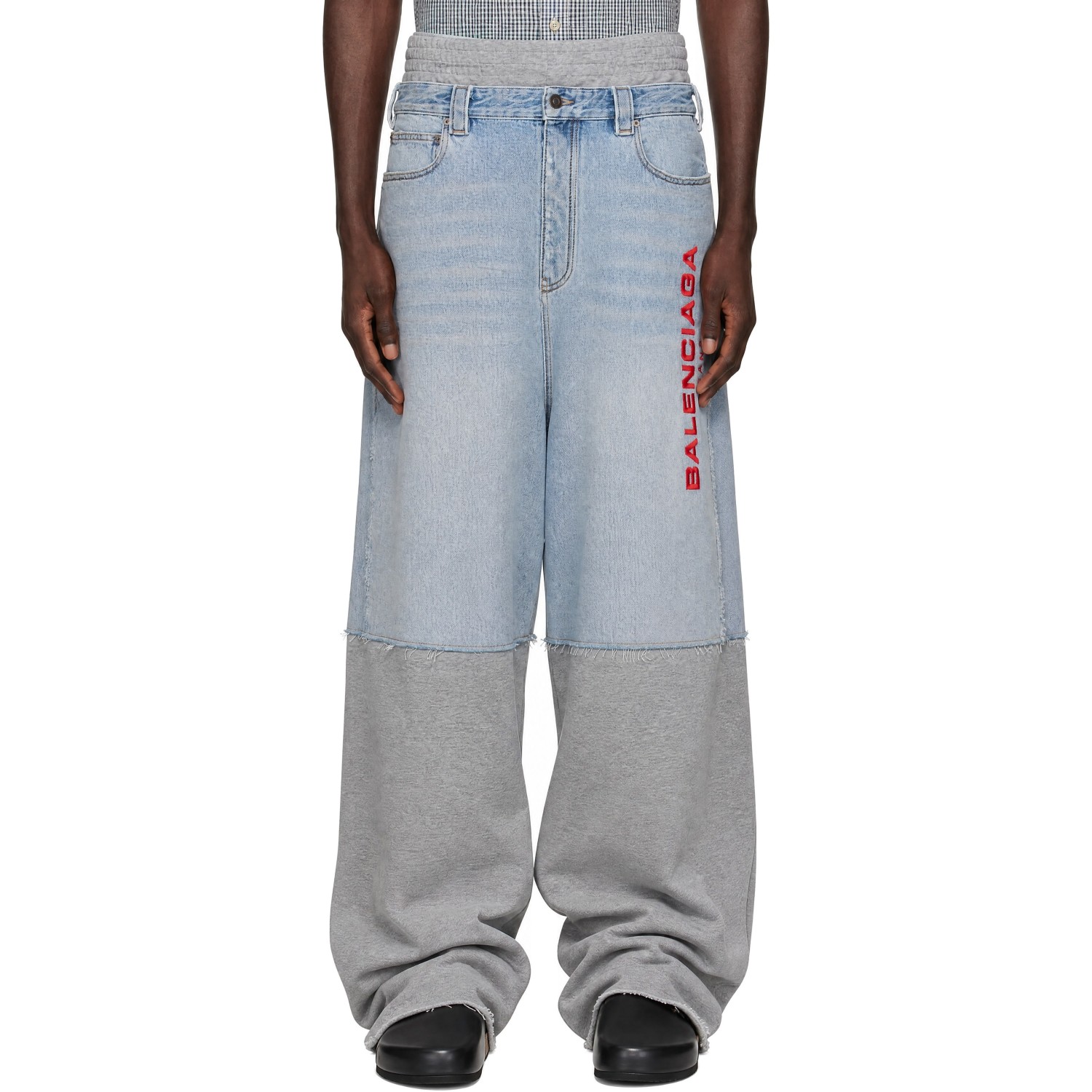 Balenciaga Gray & Blue Paneled Terry Denim Jeans