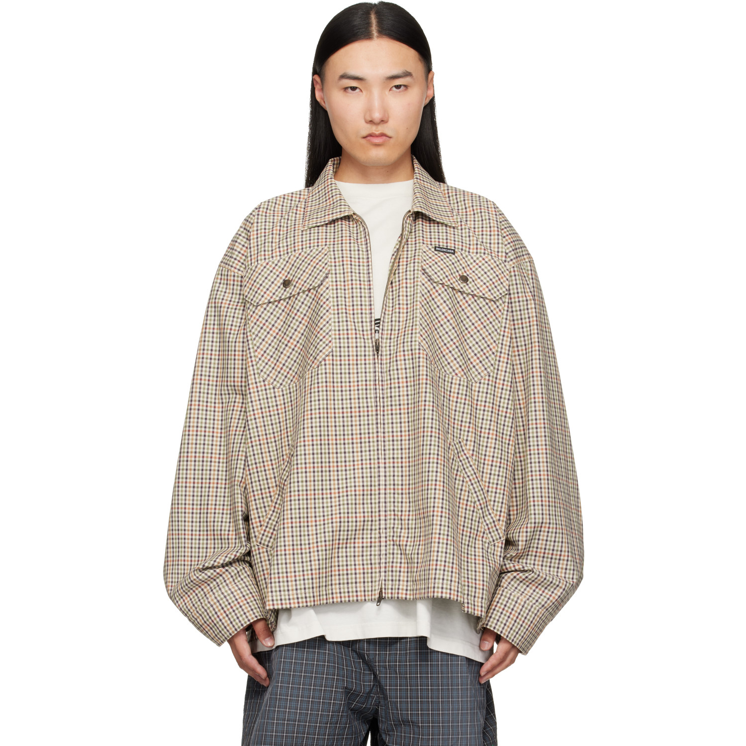 Balenciaga Beige Check Flannel Zip-Up Shirt