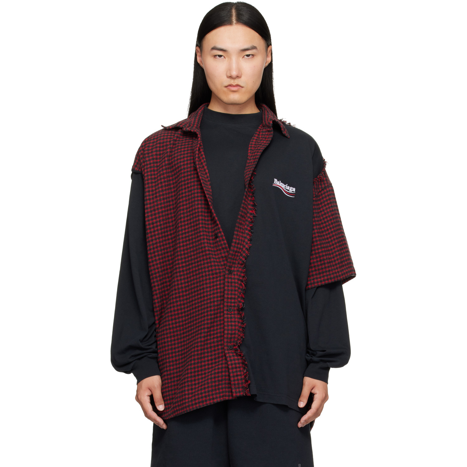 Balenciaga Red & Black Check Patched Shirt