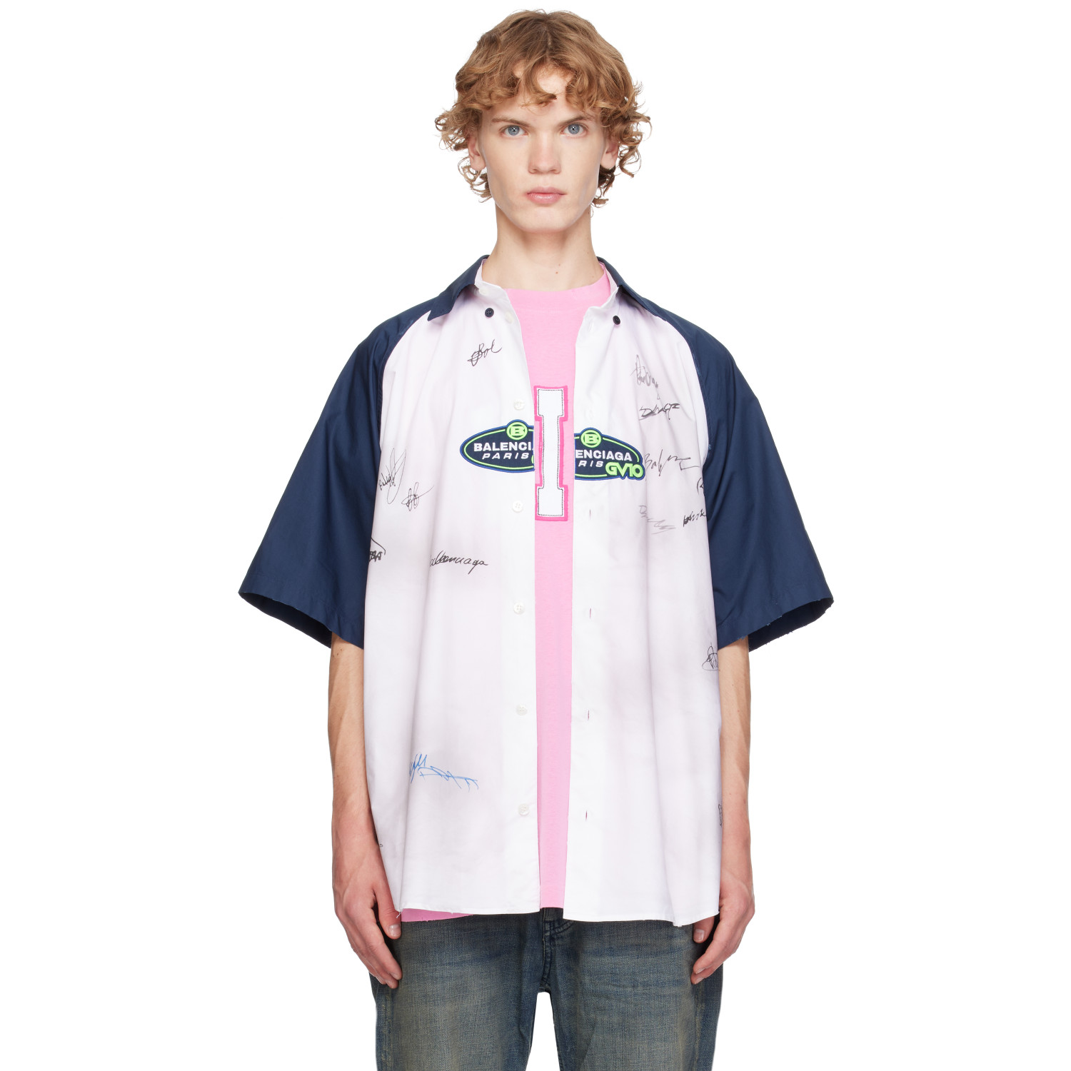 Balenciaga White & Navy Logos S/S Raglan Shirt