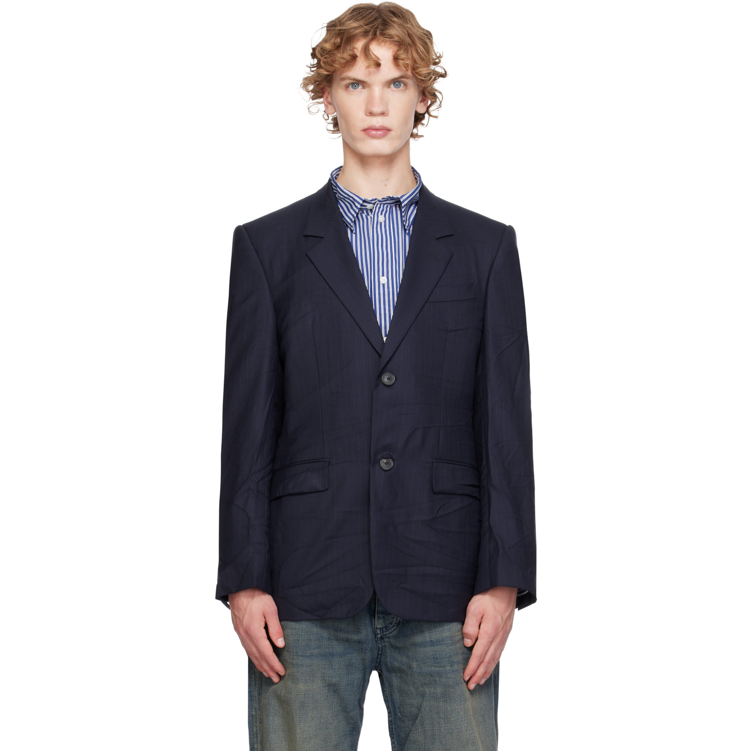 Balenciaga Navy Fine Wool Pinstripe Jacket