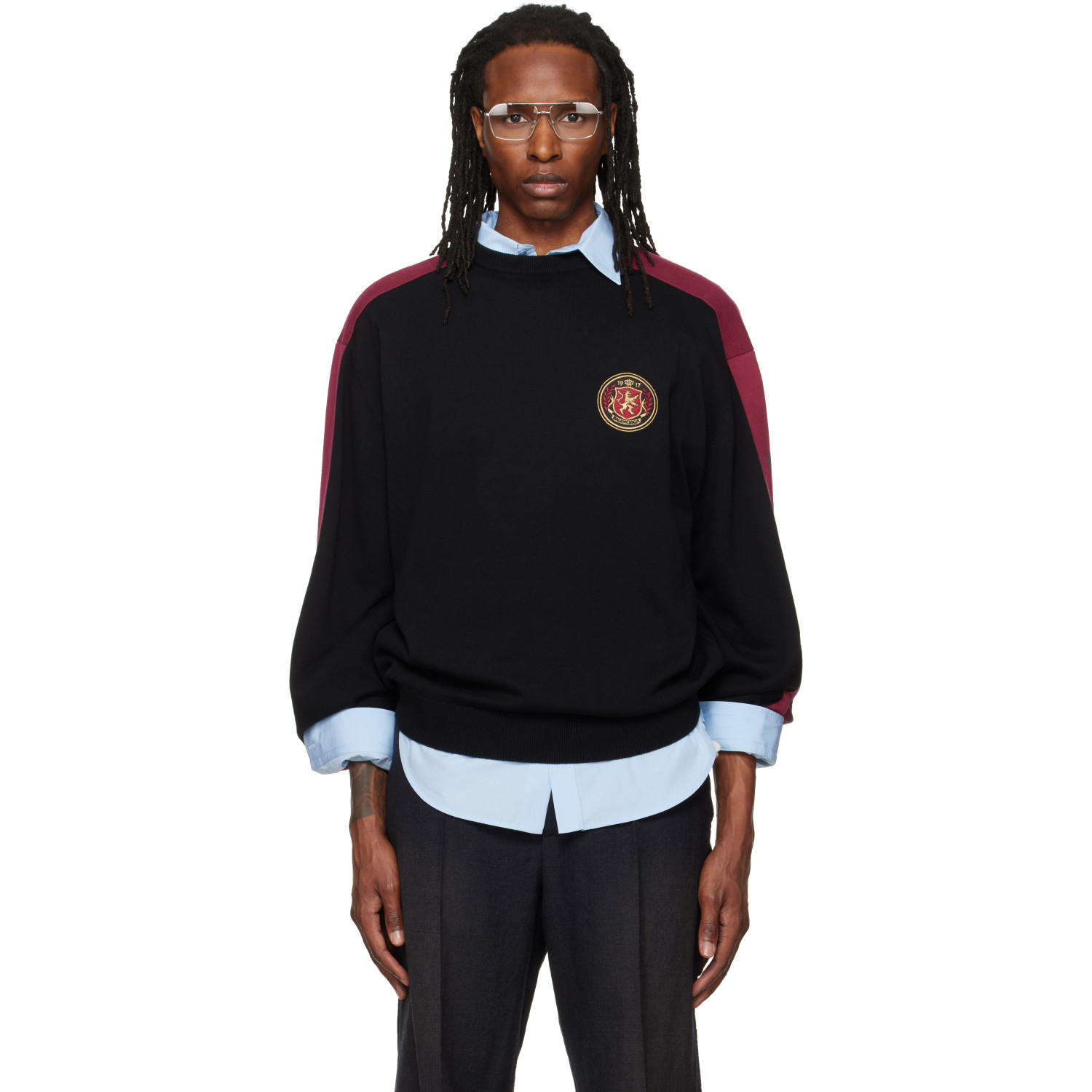 Balenciaga Black Cotton Logo Sleeve Knit Stripe Sweater