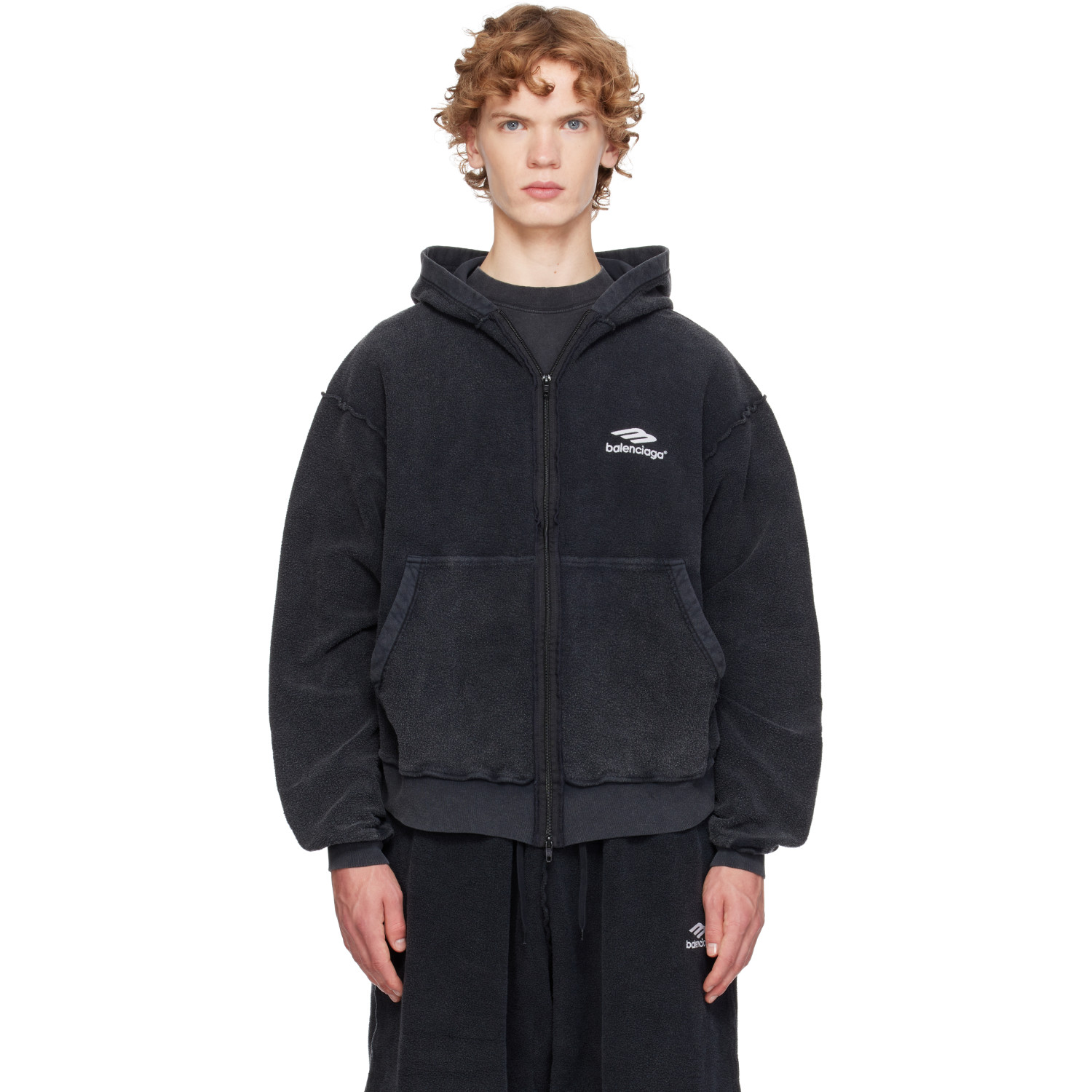 Balenciaga Black 3B Sports Icon Inside-Out Zip-Up Hoodie
