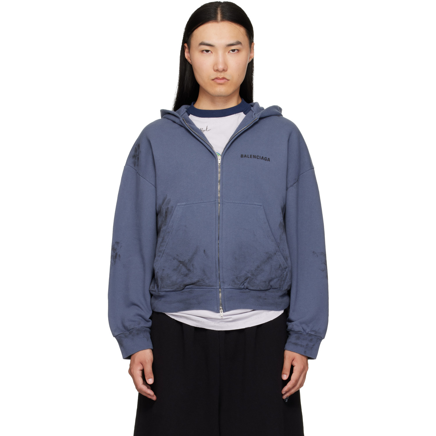 Balenciaga Blue Stained Zip-Up Hoodie