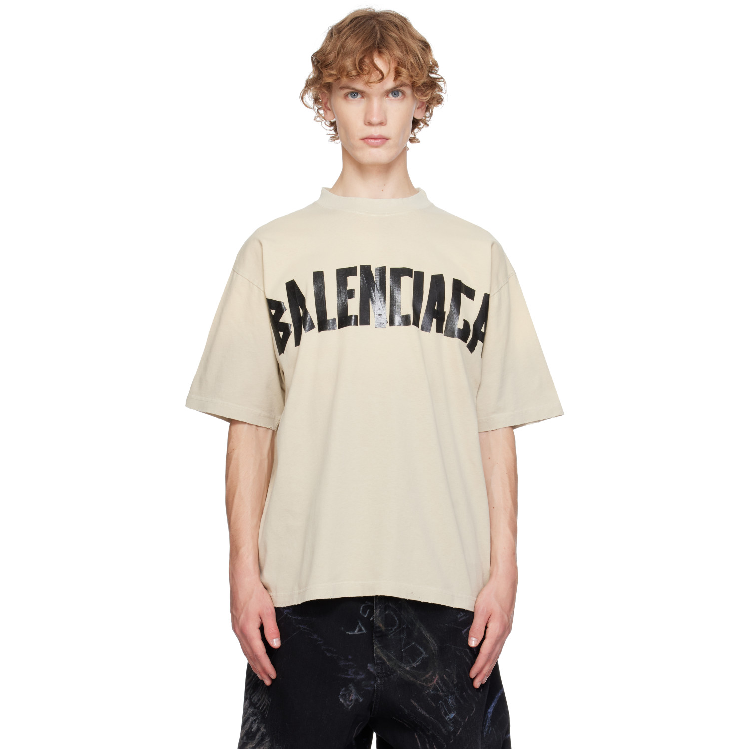 Balenciaga Beige Tape Logo Medium Fit T-shirt