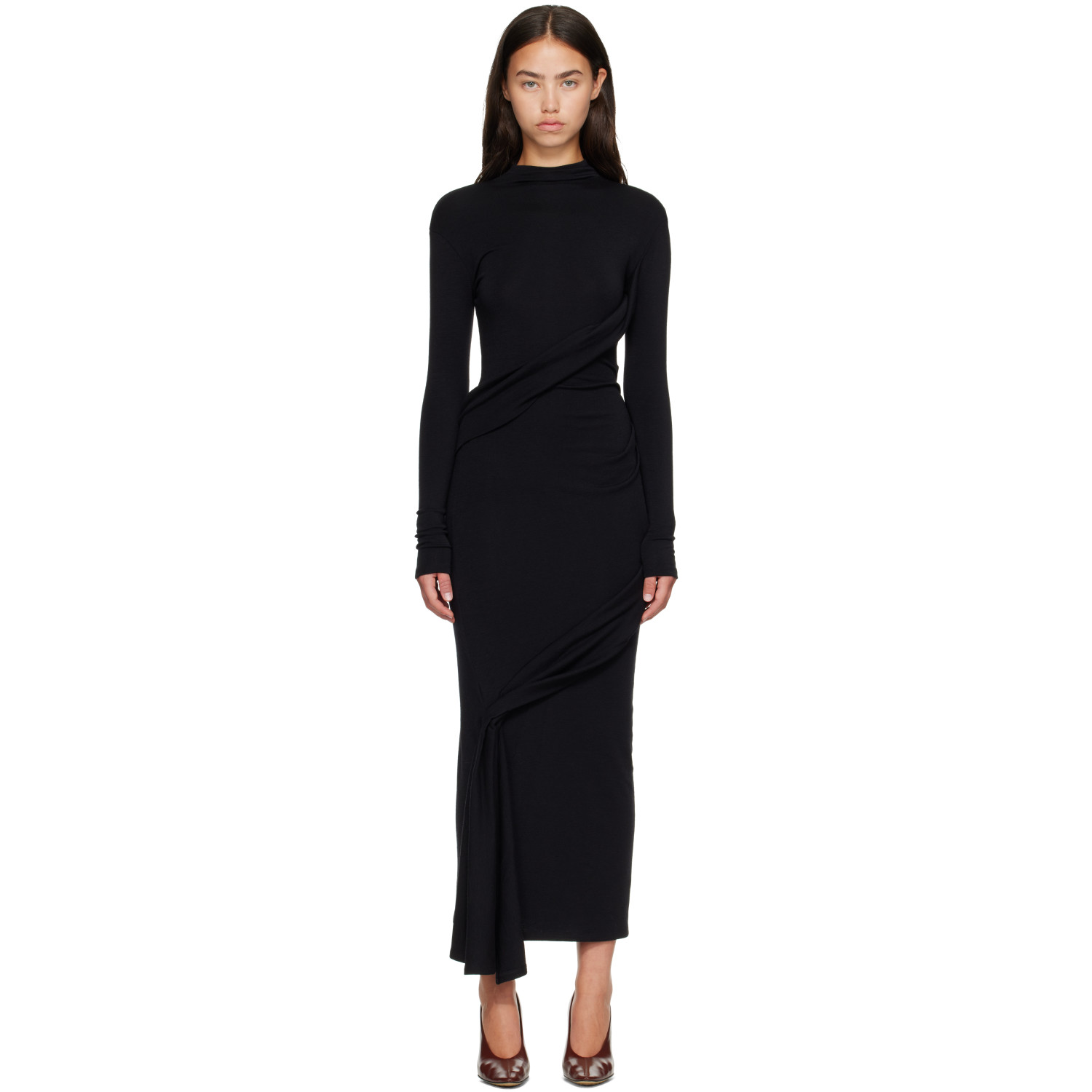 Mugler Black Draped Turtleneck Maxi Dress
