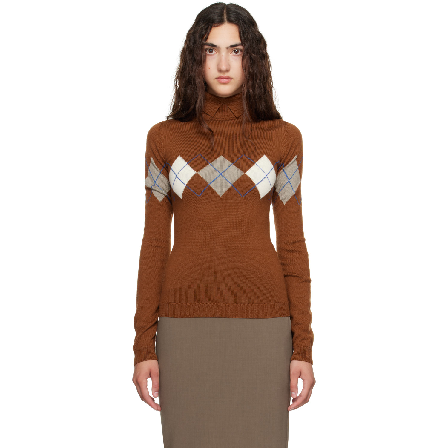 Mugler Tan Argyle Turtleneck