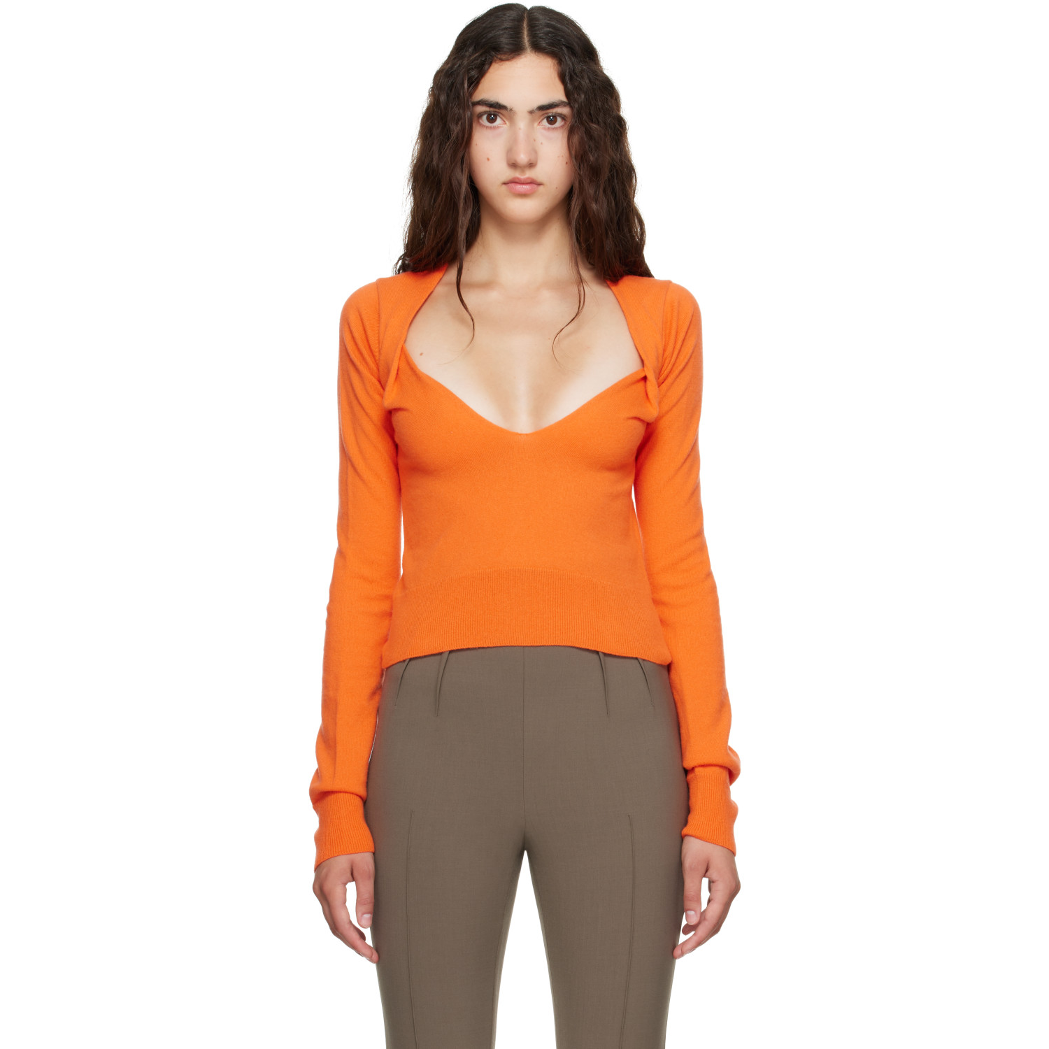 Mugler Orange Cashmere V-Neck Knit Sweater