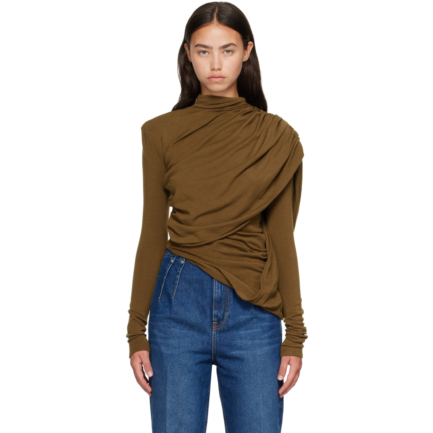 Mugler Khaki Cascade Sleeves Top
