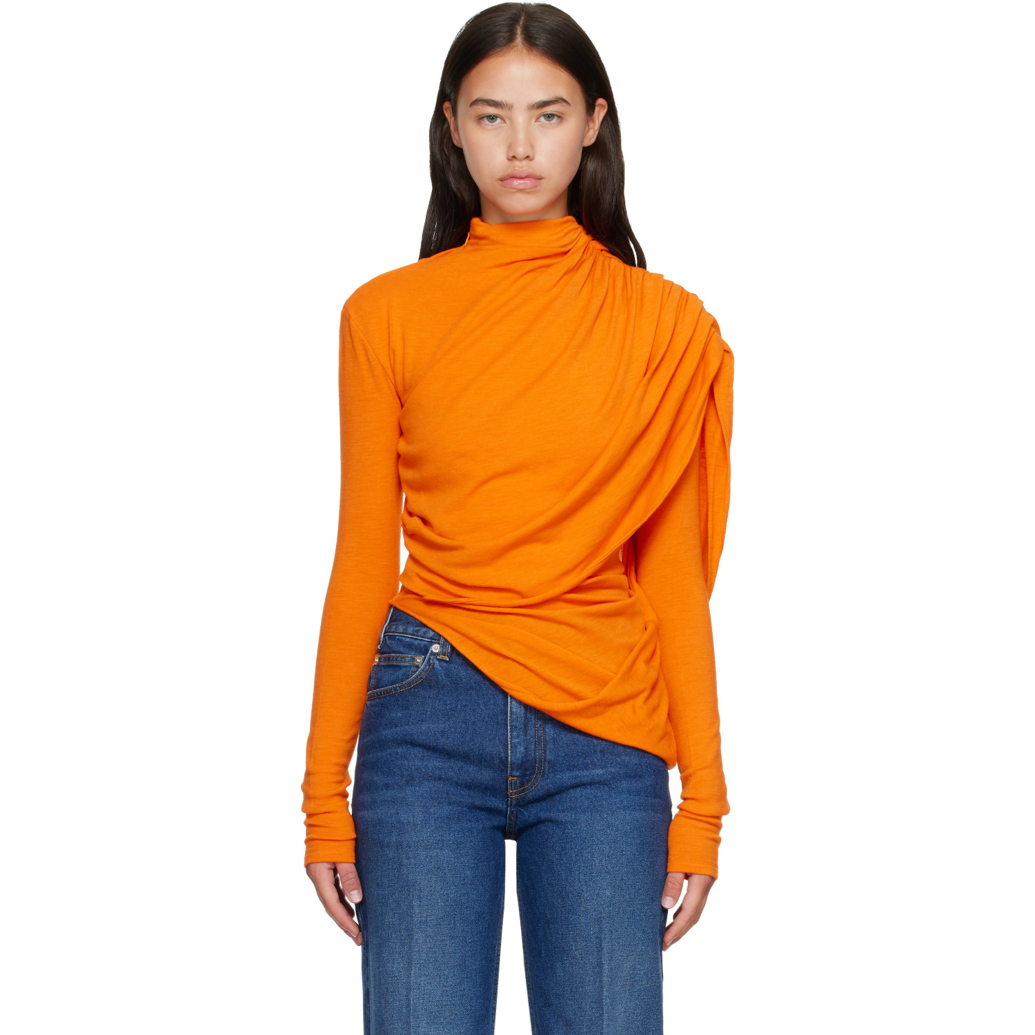 Mugler Orange Cascade Sleeves Top