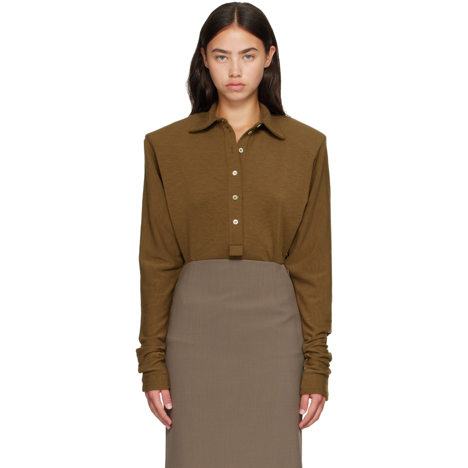 Mugler Khaki Batsleeves Polo Bodysuit