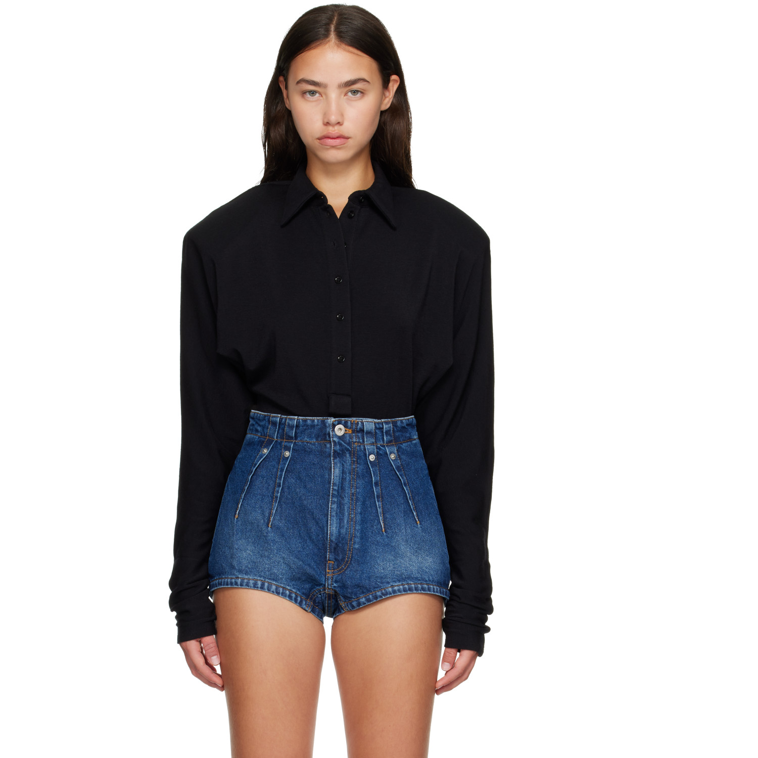 Mugler Black Batsleeves Polo Bodysuit