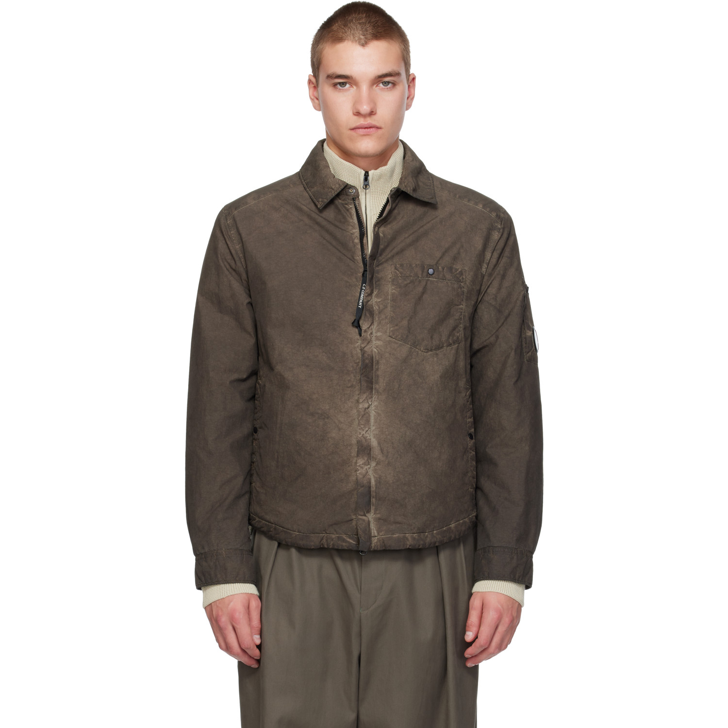 C.P. Company Brown Flatt Nylon Lens Padded Zipped Overshirt