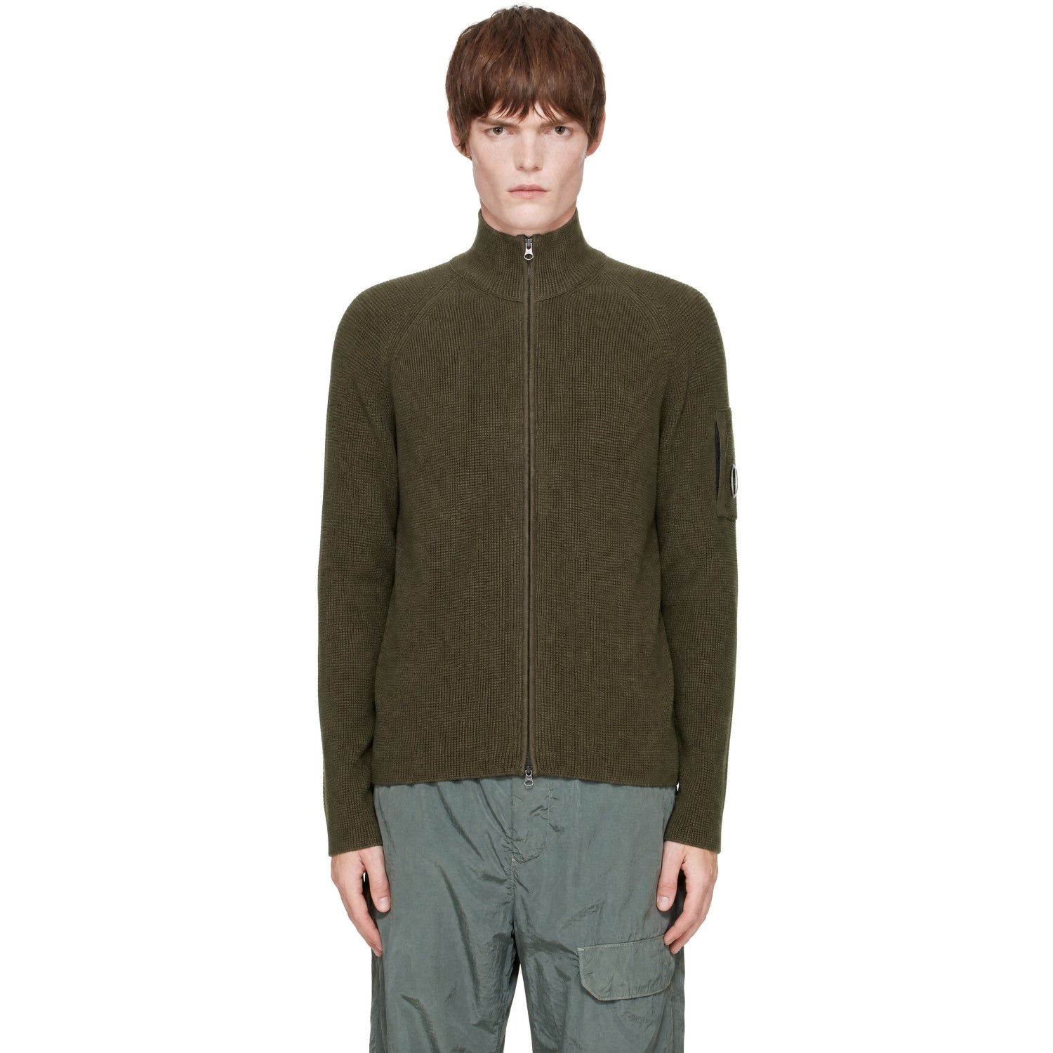 C.P. Company Khaki Waffle Knit Cotton Zip Lens Sweater
