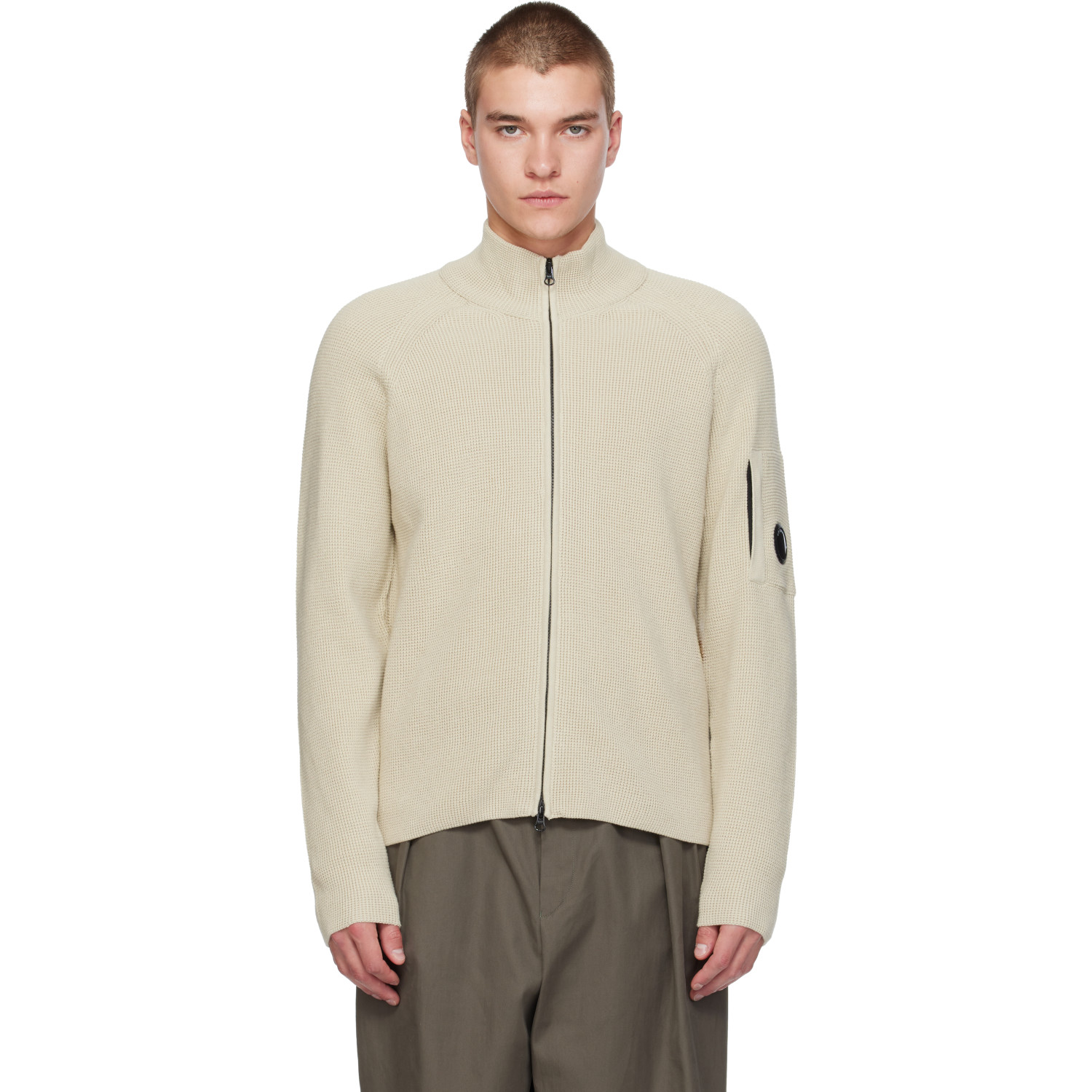 C.P. Company Beige Waffle Knit Cotton Zip Lens Jacket