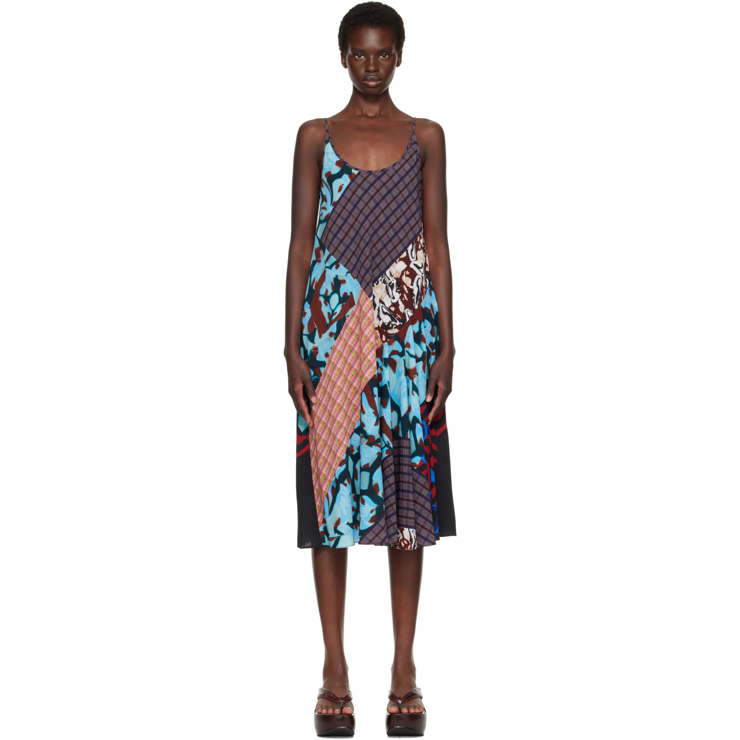 Dries Van Noten Red & Blue Printed Slip Midi Dress
