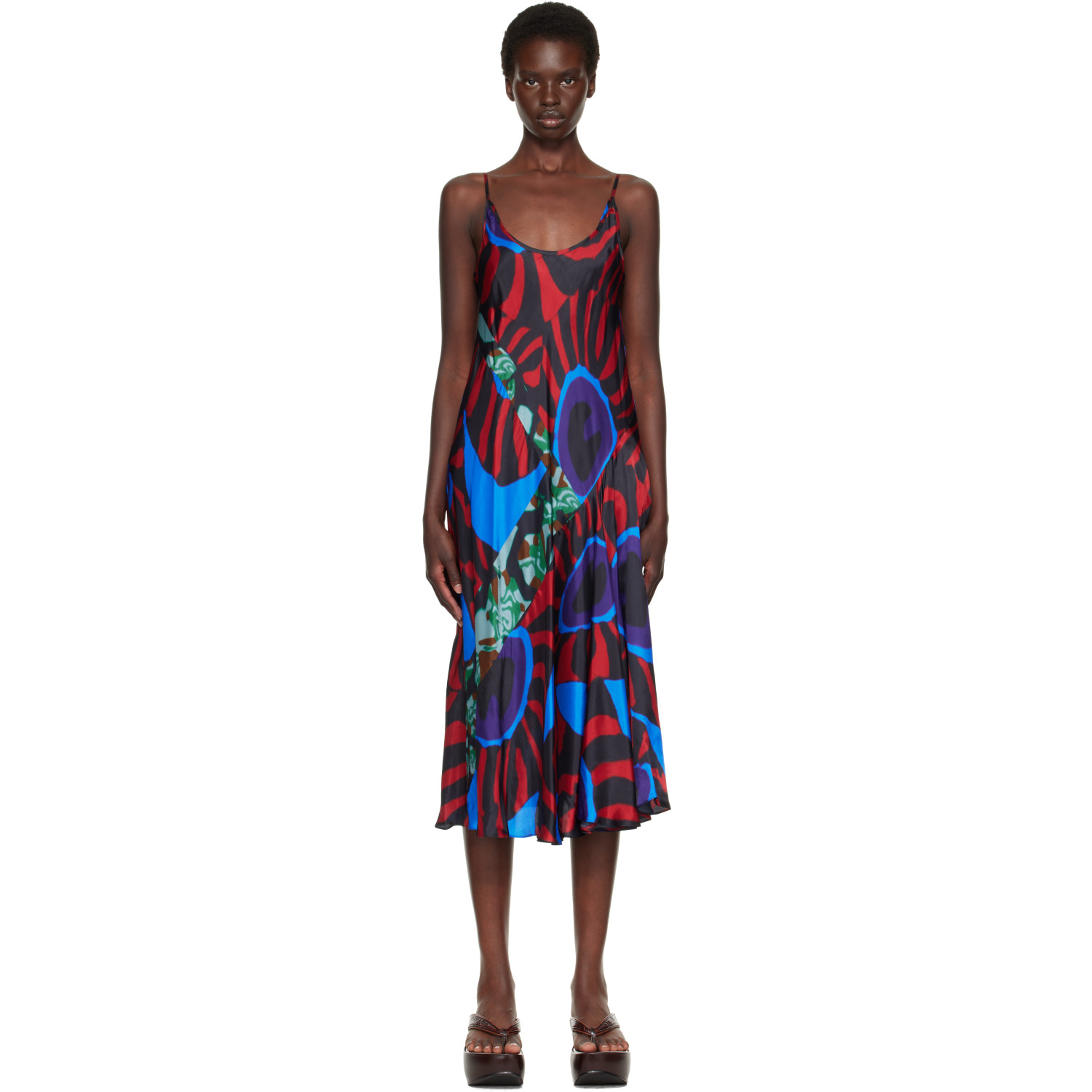 Dries Van Noten Red & Blue Printed Slip Midi Dress