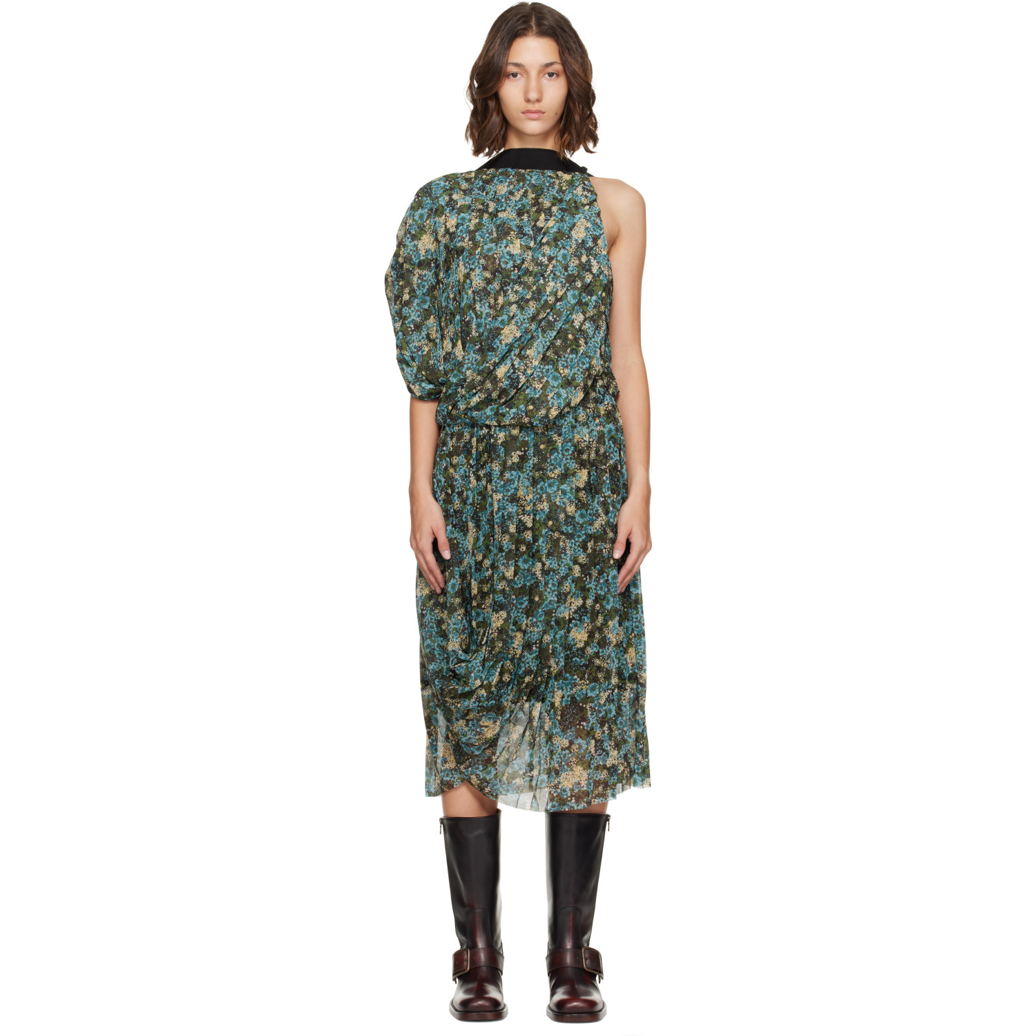 Dries Van Noten Blue Asymmetrical Pleated Midi Dress