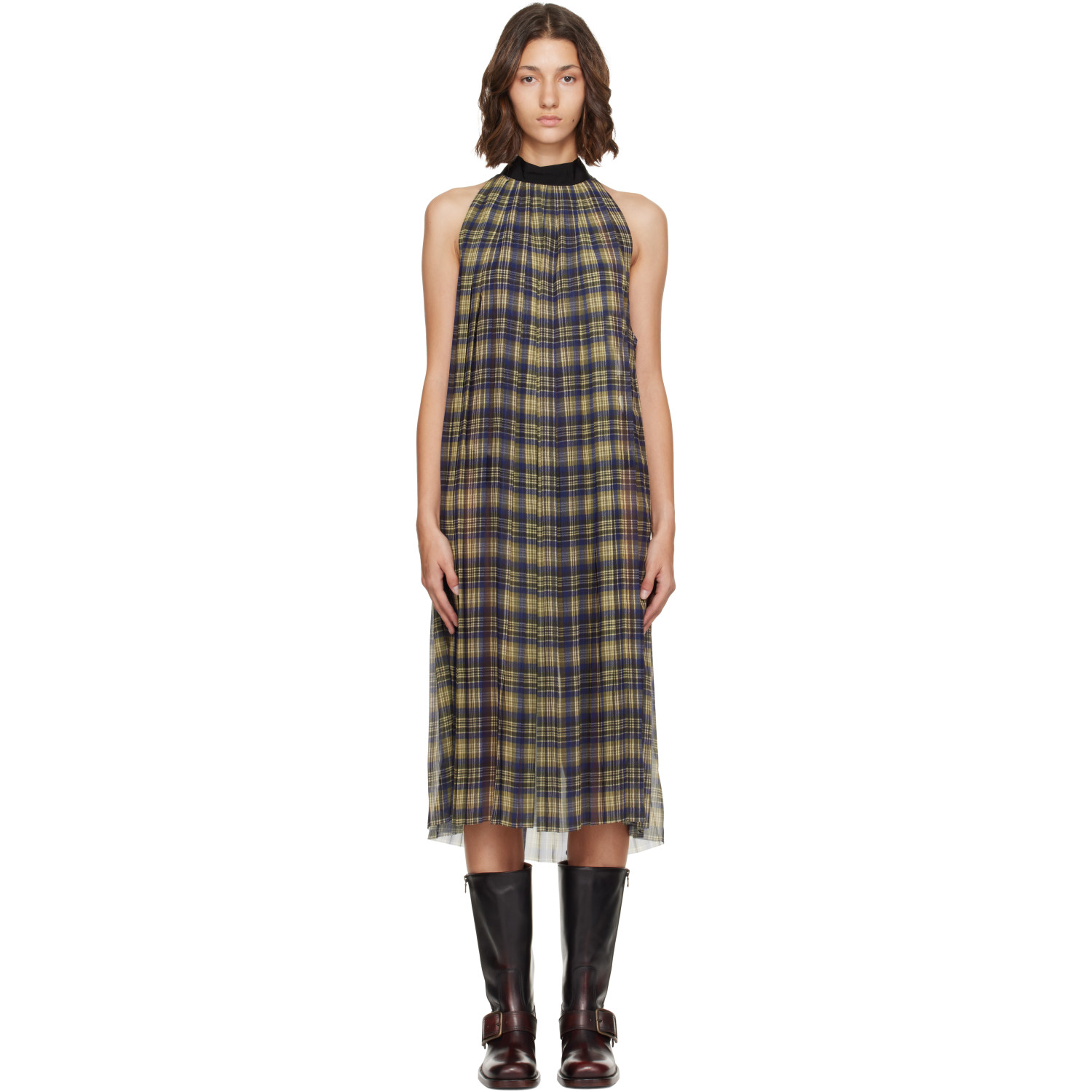 Dries Van Noten Blue & Green Pleated Check Chiffon Midi Dress