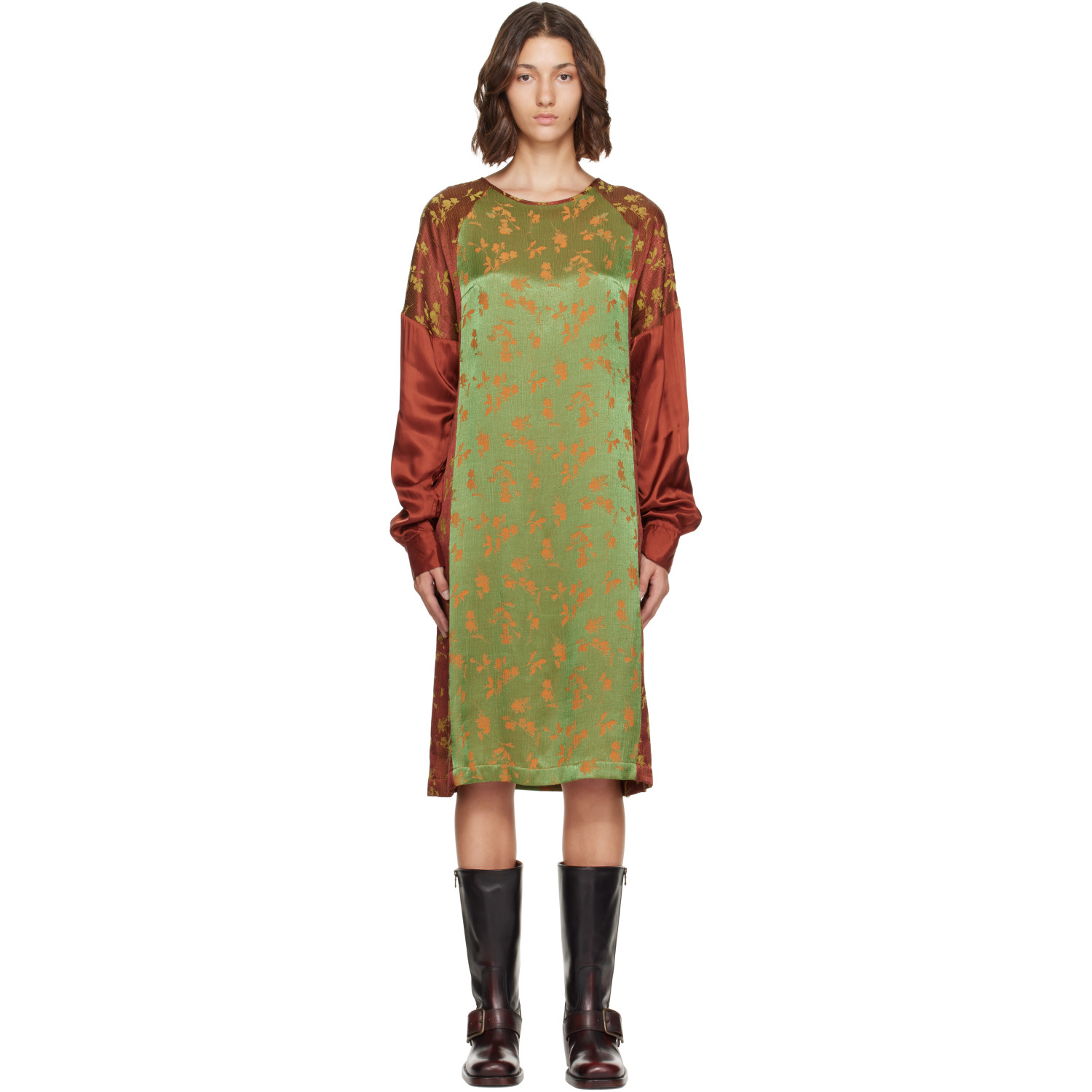 Dries Van Noten Orange & Green Floral Satin Midi Dress