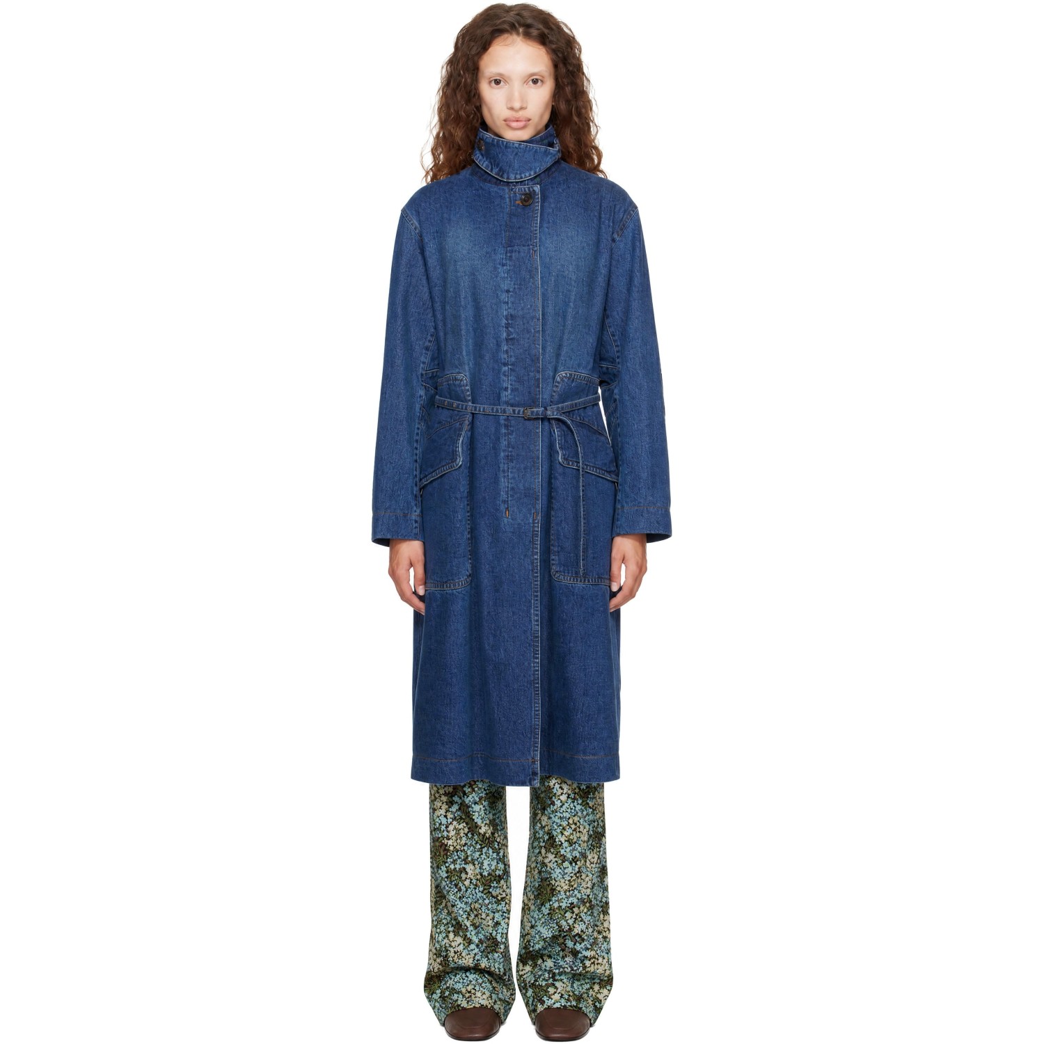 Dries Van Noten Blue Belted Denim Coat
