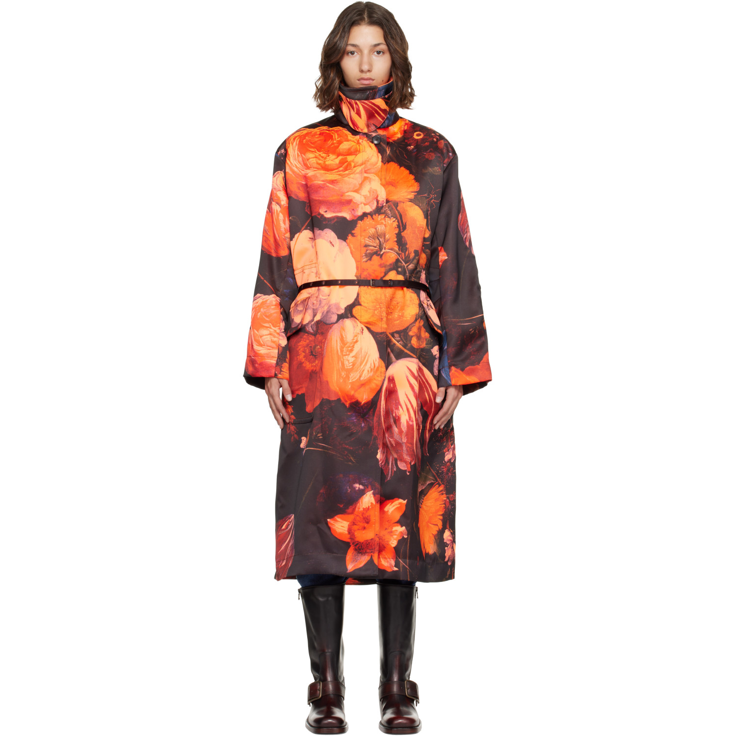 Dries Van Noten Black & Orange Oversized Floral Coat