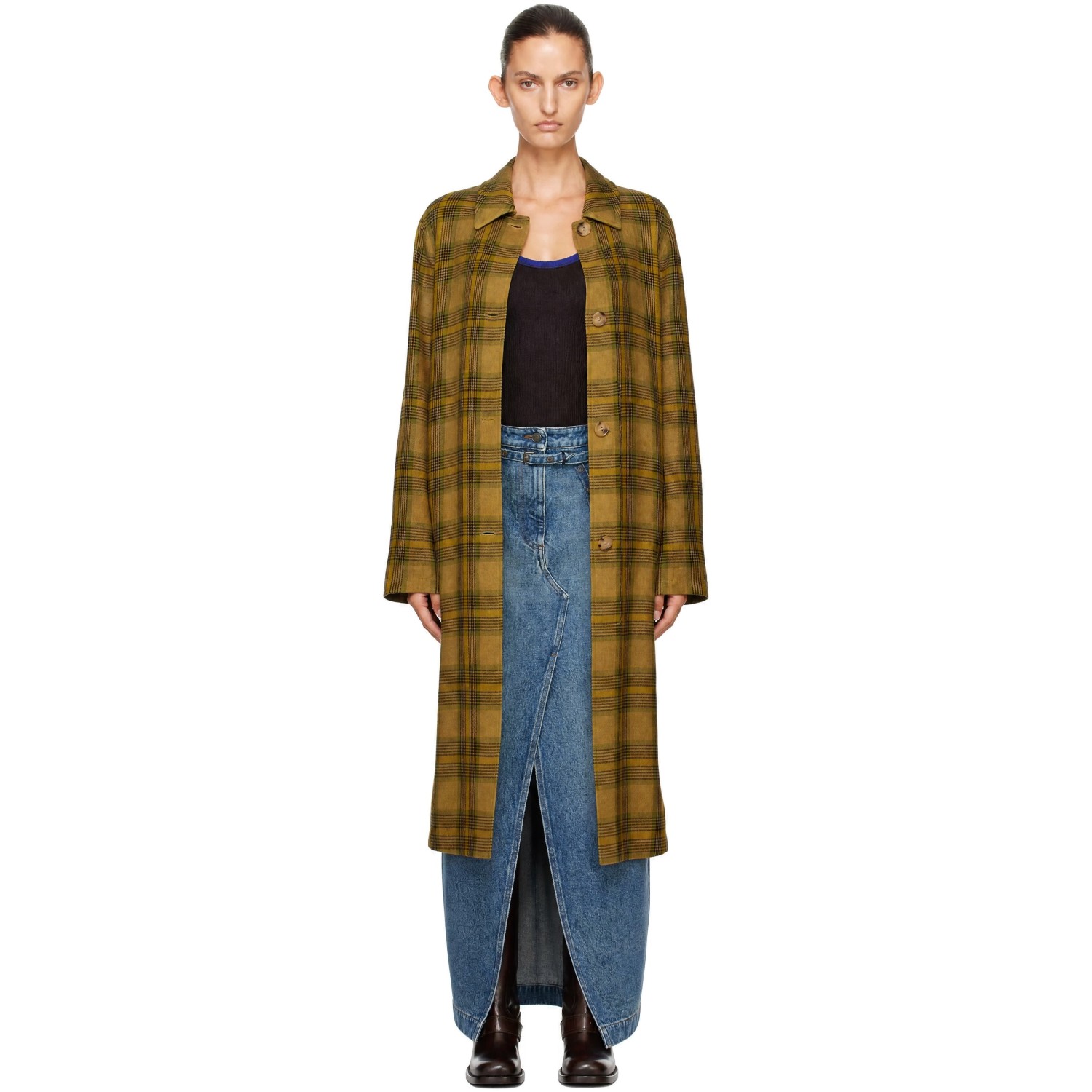 Dries Van Noten Khaki Wool Check Coat