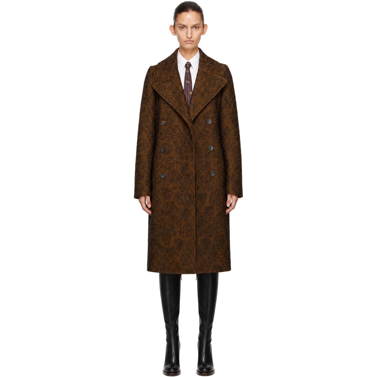 Dries Van Noten Brown Double-Breasted Jacquard Coat