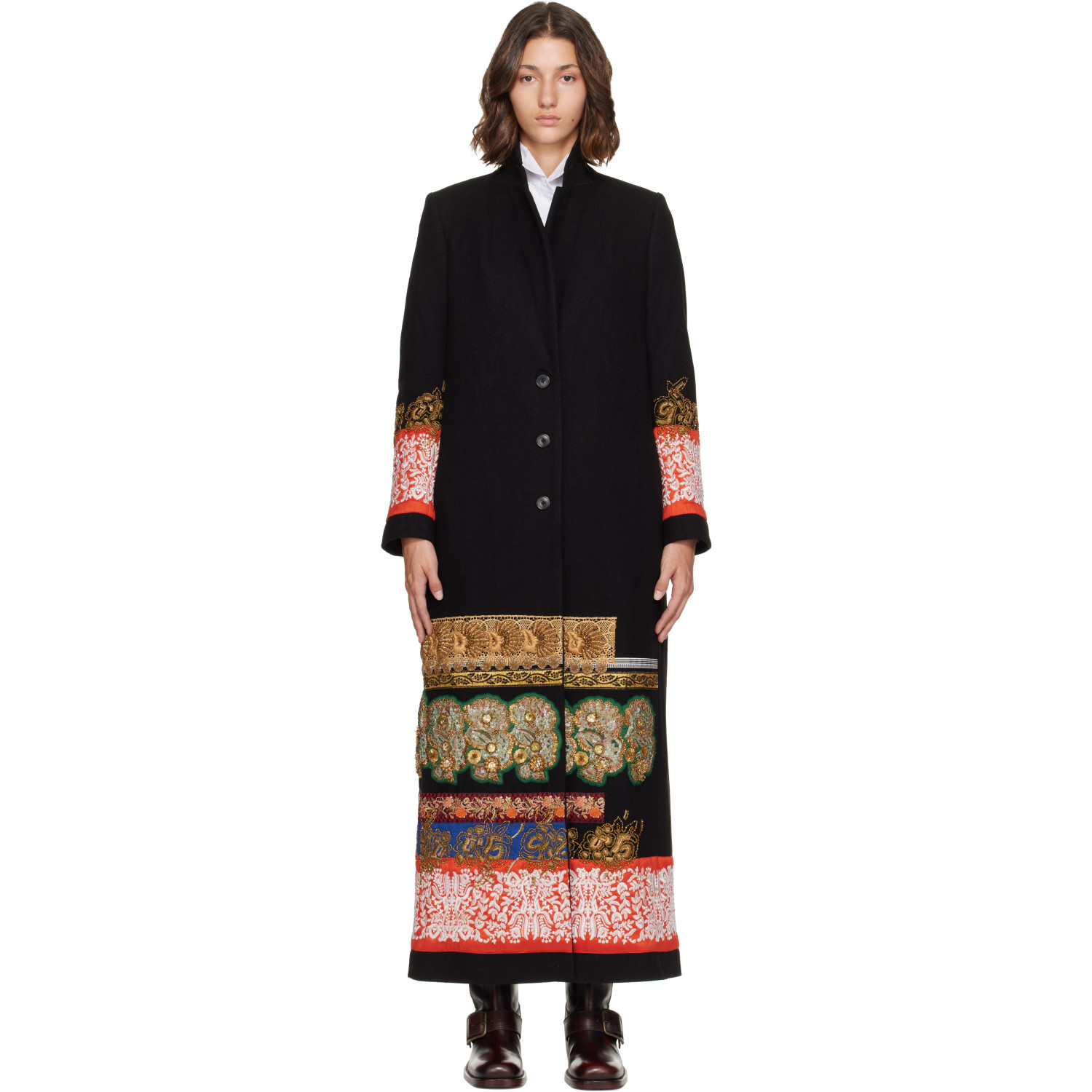 Dries Van Noten Black Embroidered Wool Coat