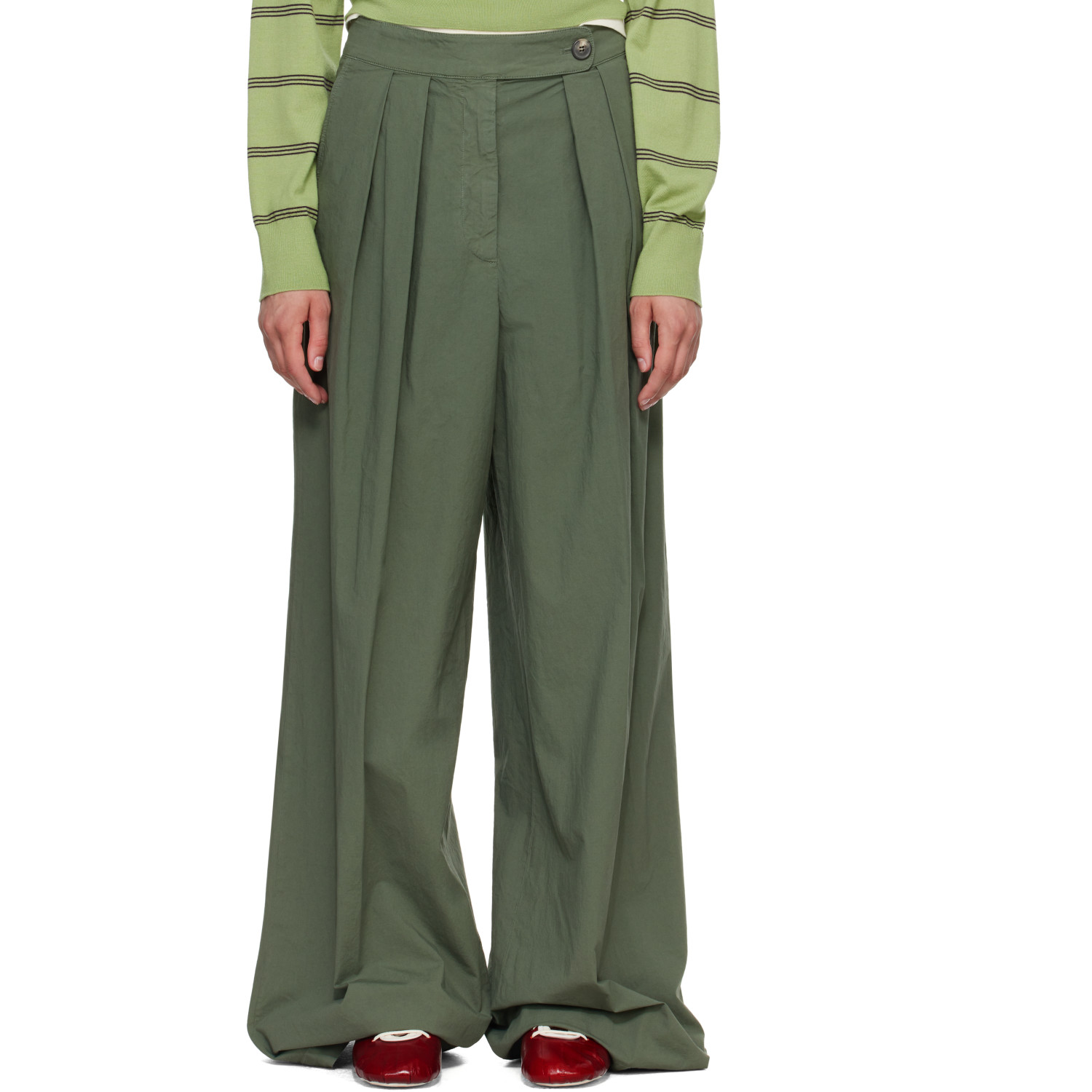 Dries Van Noten Khaki Wide Pleated Trousers
