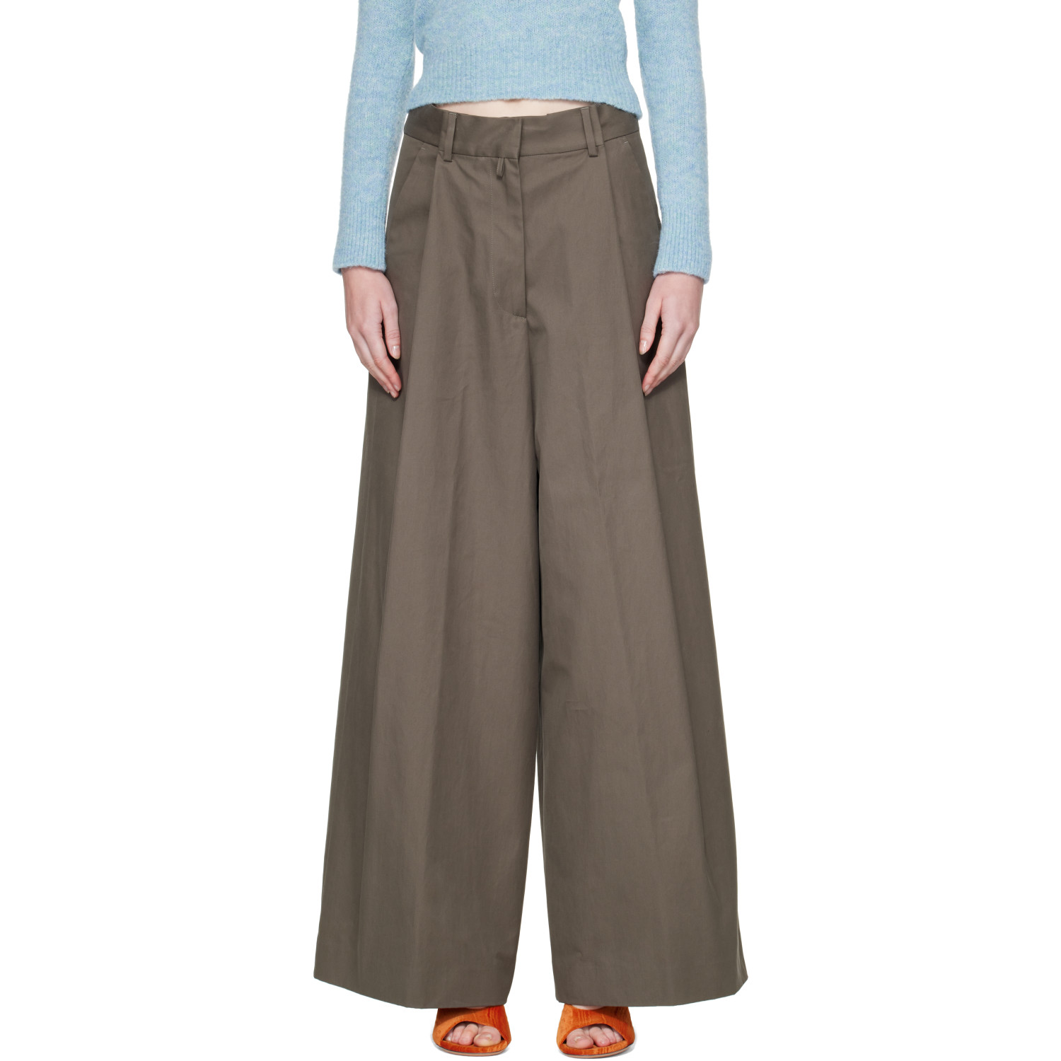 Dries Van Noten Khaki Wide Pleated Cotton Trousers
