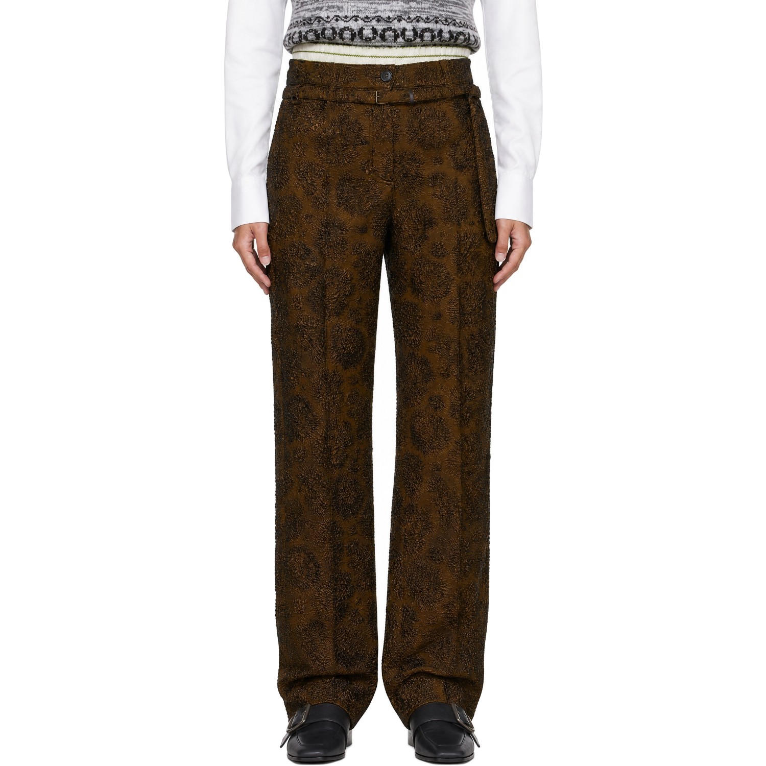 Dries Van Noten Brown Slim Leg Jacqaurd Trousers