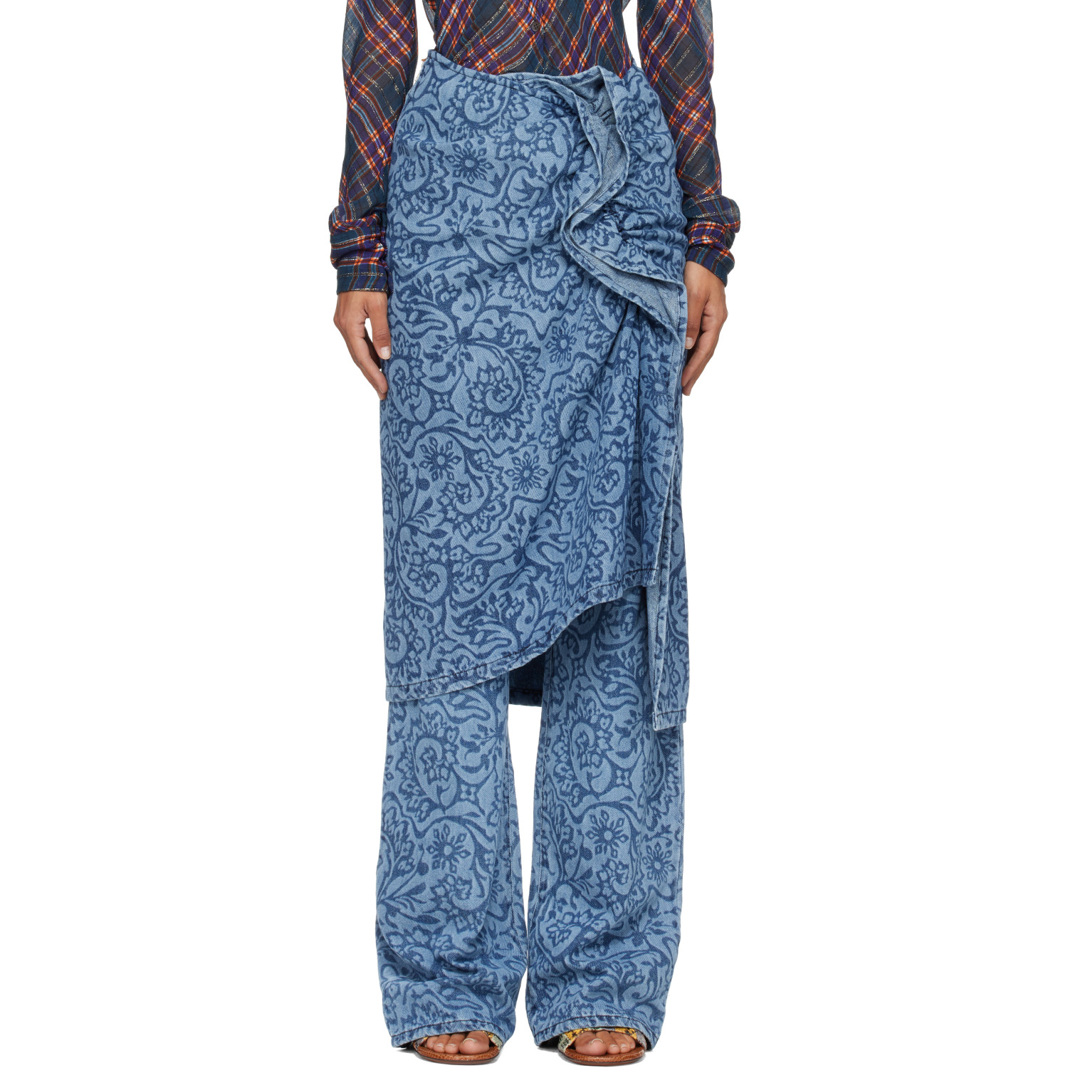 Dries Van Noten Blue Floral Denim Midi Skirt