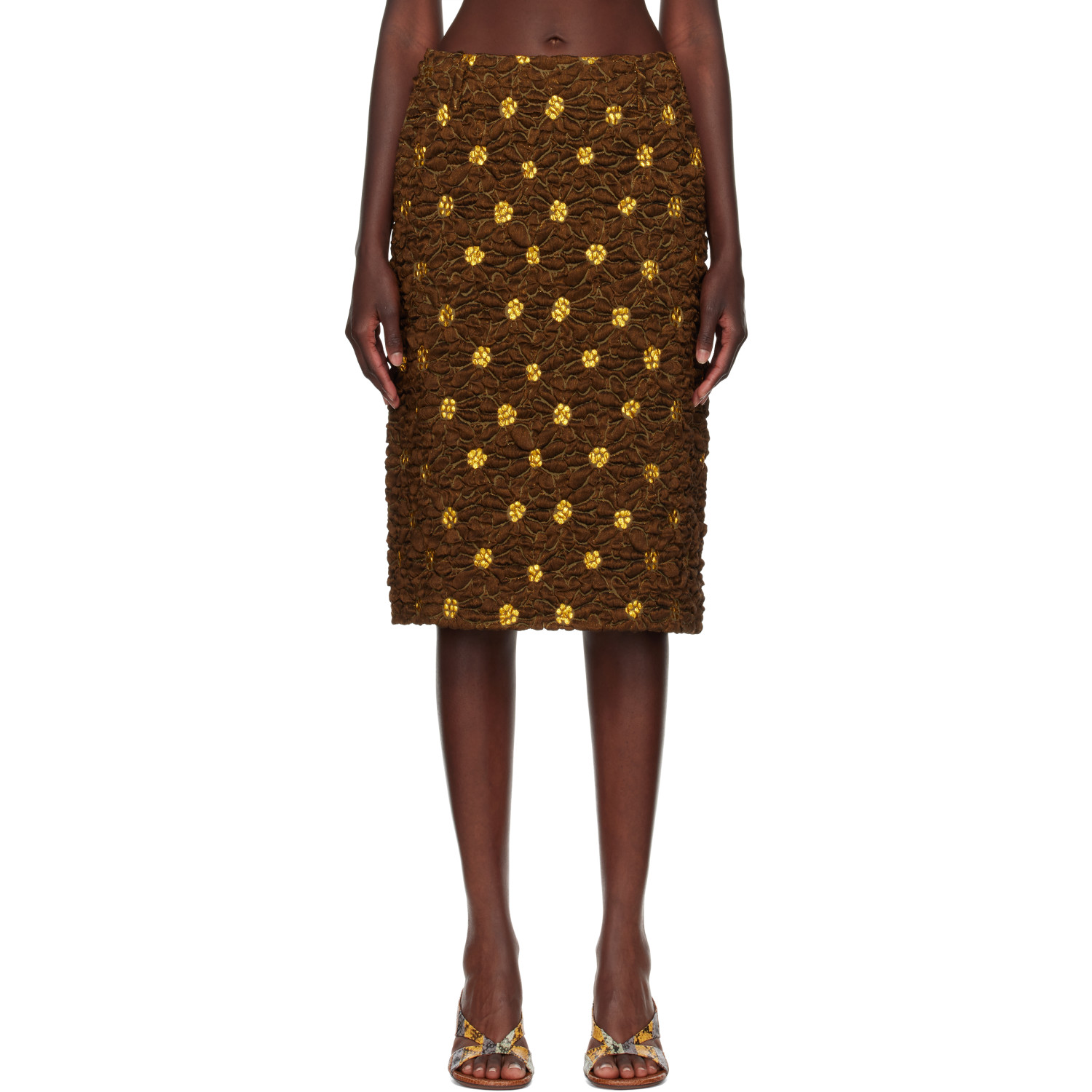 Dries Van Noten Brown Cloqué Midi Skirt
