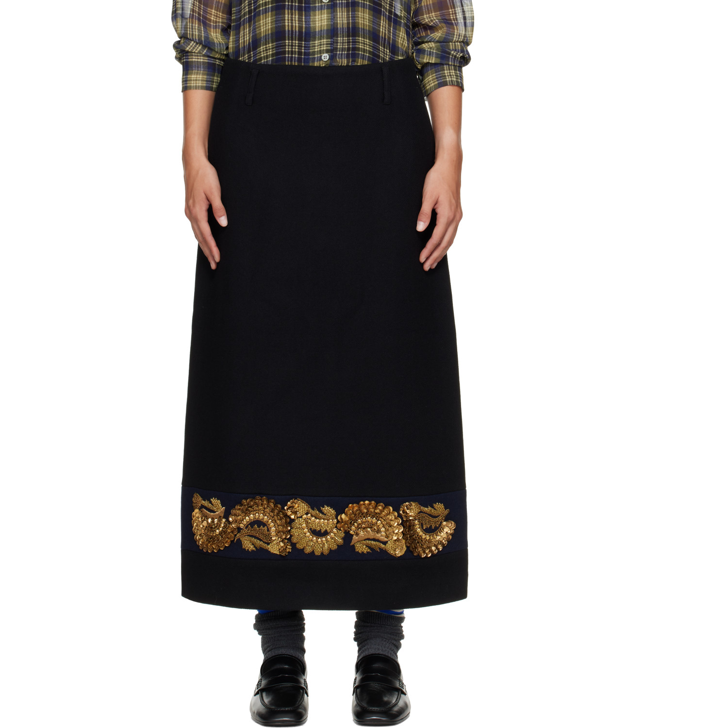 Dries Van Noten Black Embroidered Wool Maxi Skirt