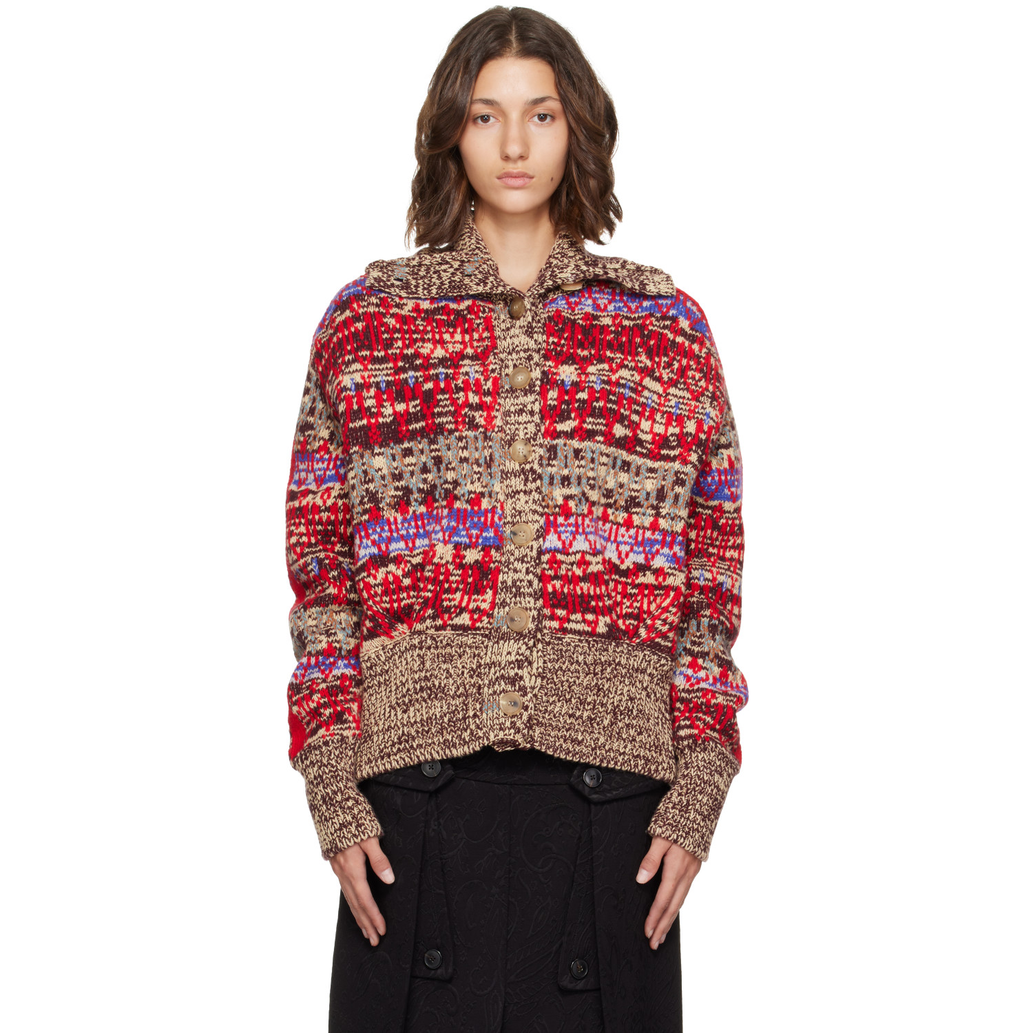 Dries Van Noten Beige & Red Jacquard Wool Cardigan