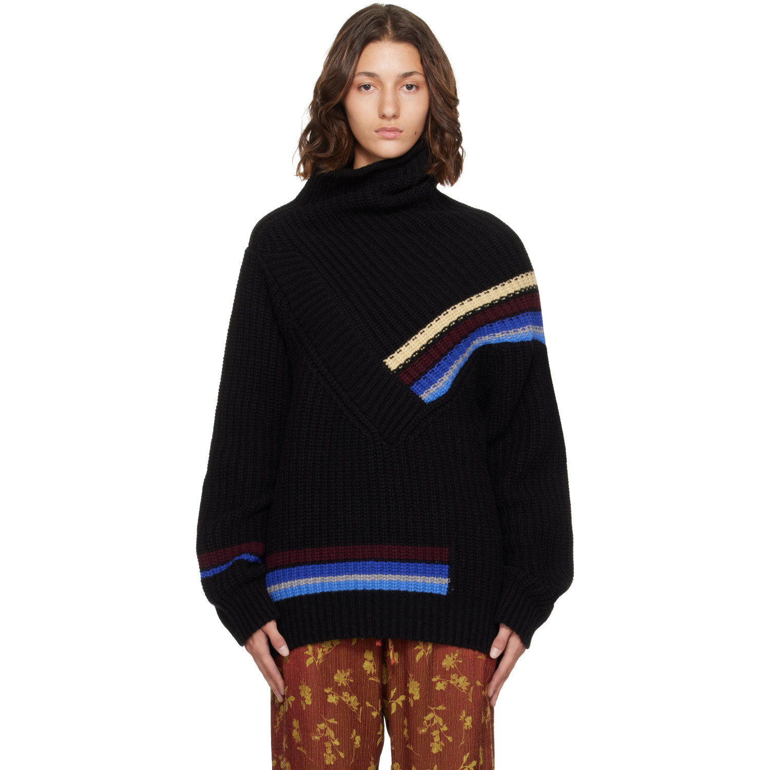Dries Van Noten Black Asymmetric Stripe Turtleneck