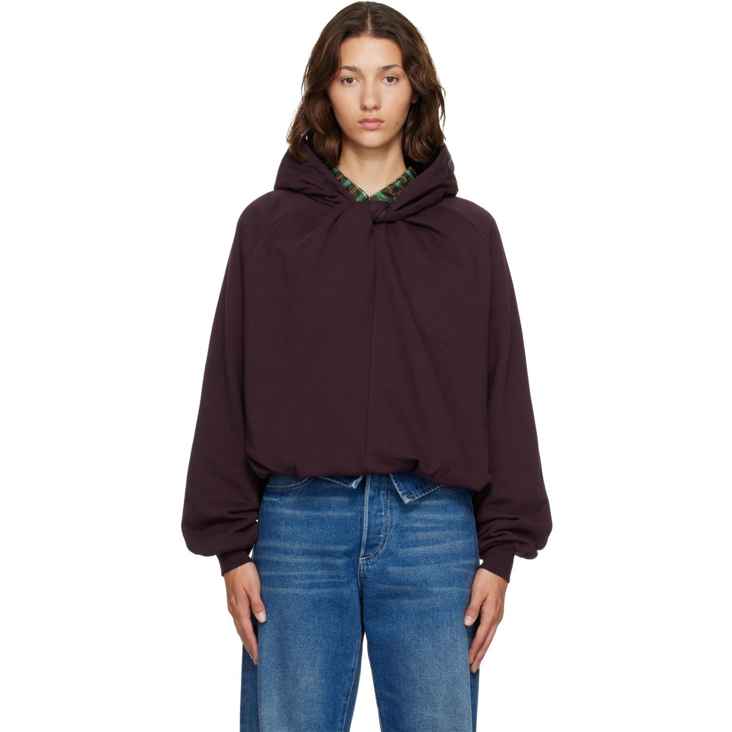 Dries Van Noten Burgundy Draped Cotton Hoodie