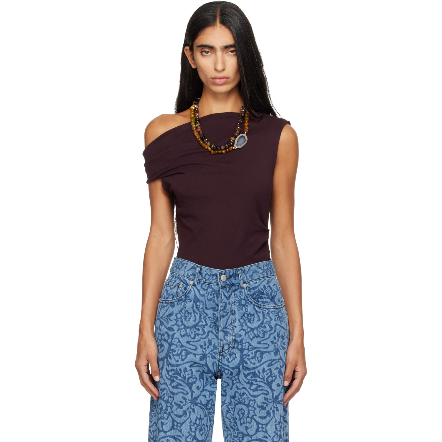 Dries Van Noten Burgundy Off-Shoulder Jersey Top