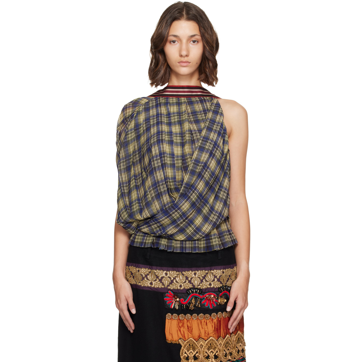 Dries Van Noten Blue & Green Draped Pleated Top