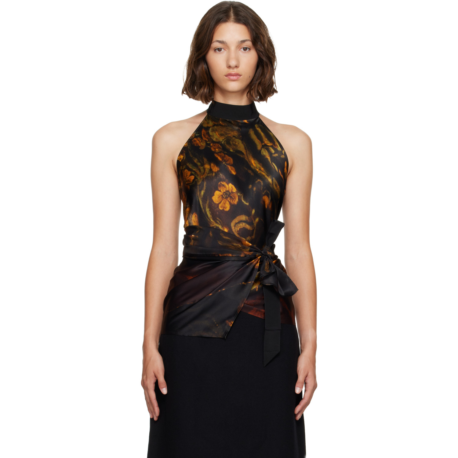Dries Van Noten Black Satin Blouse In 977-dessin C