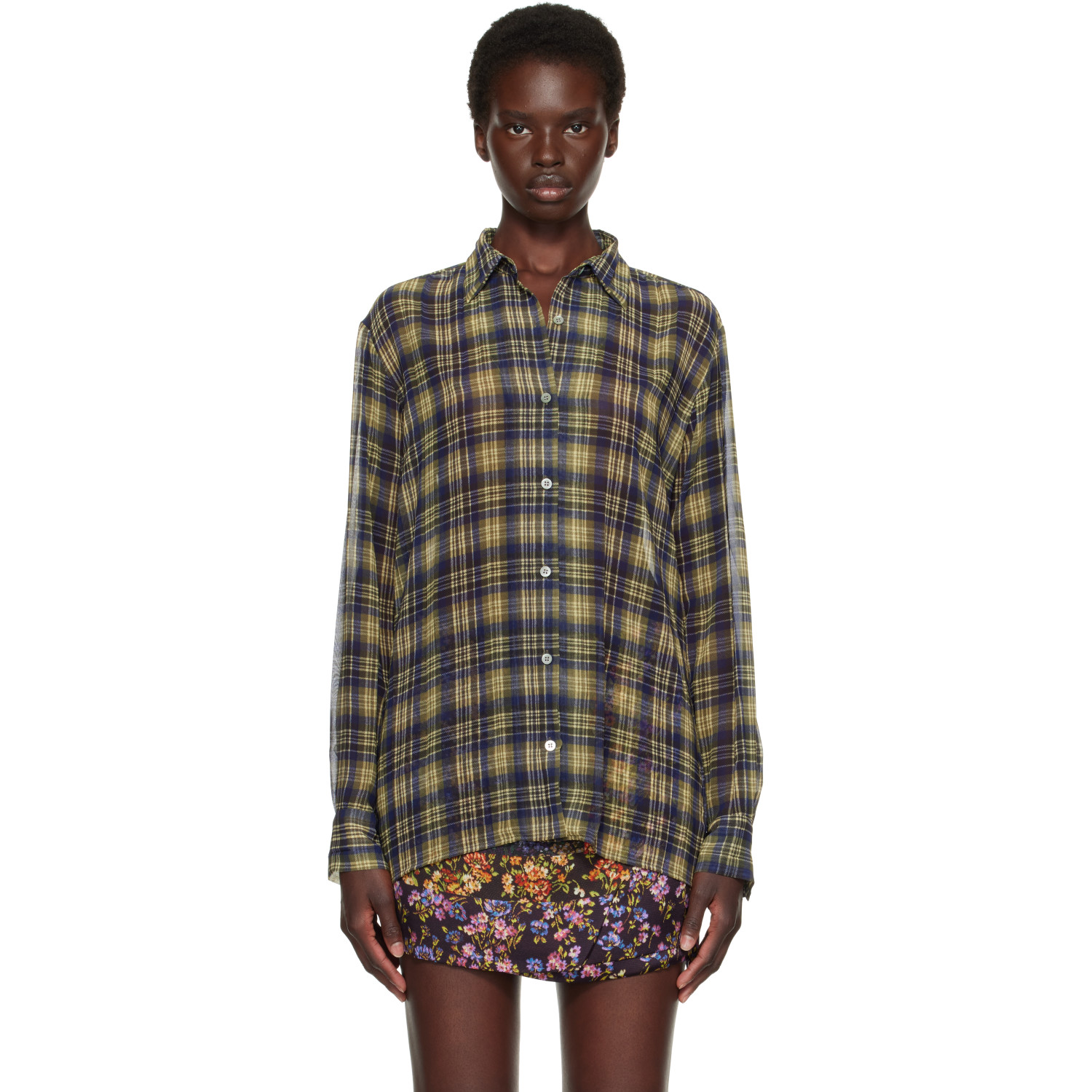 Dries Van Noten Khaki & Navy Pleated Shirt