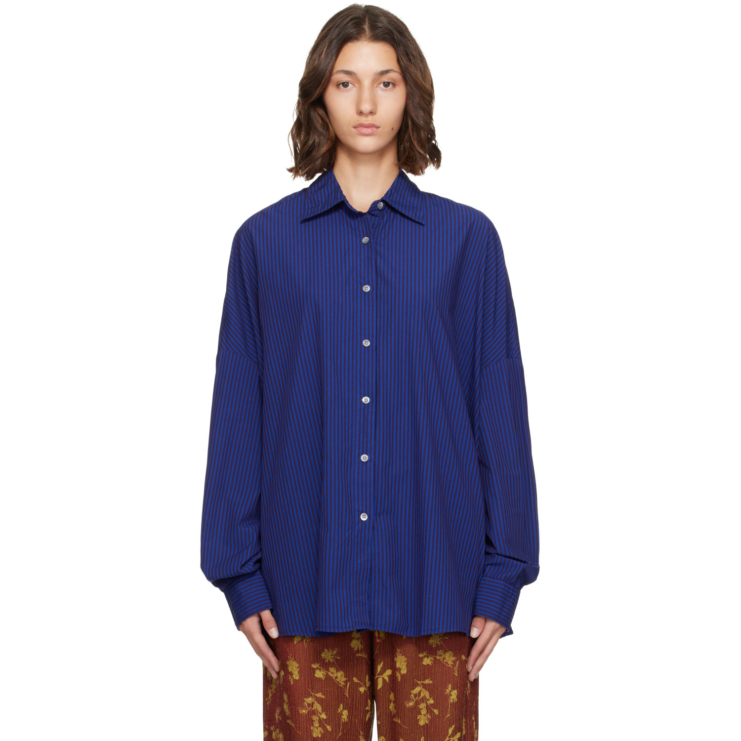 Dries Van Noten Blue & Burgundy Striped Cotton Shirt