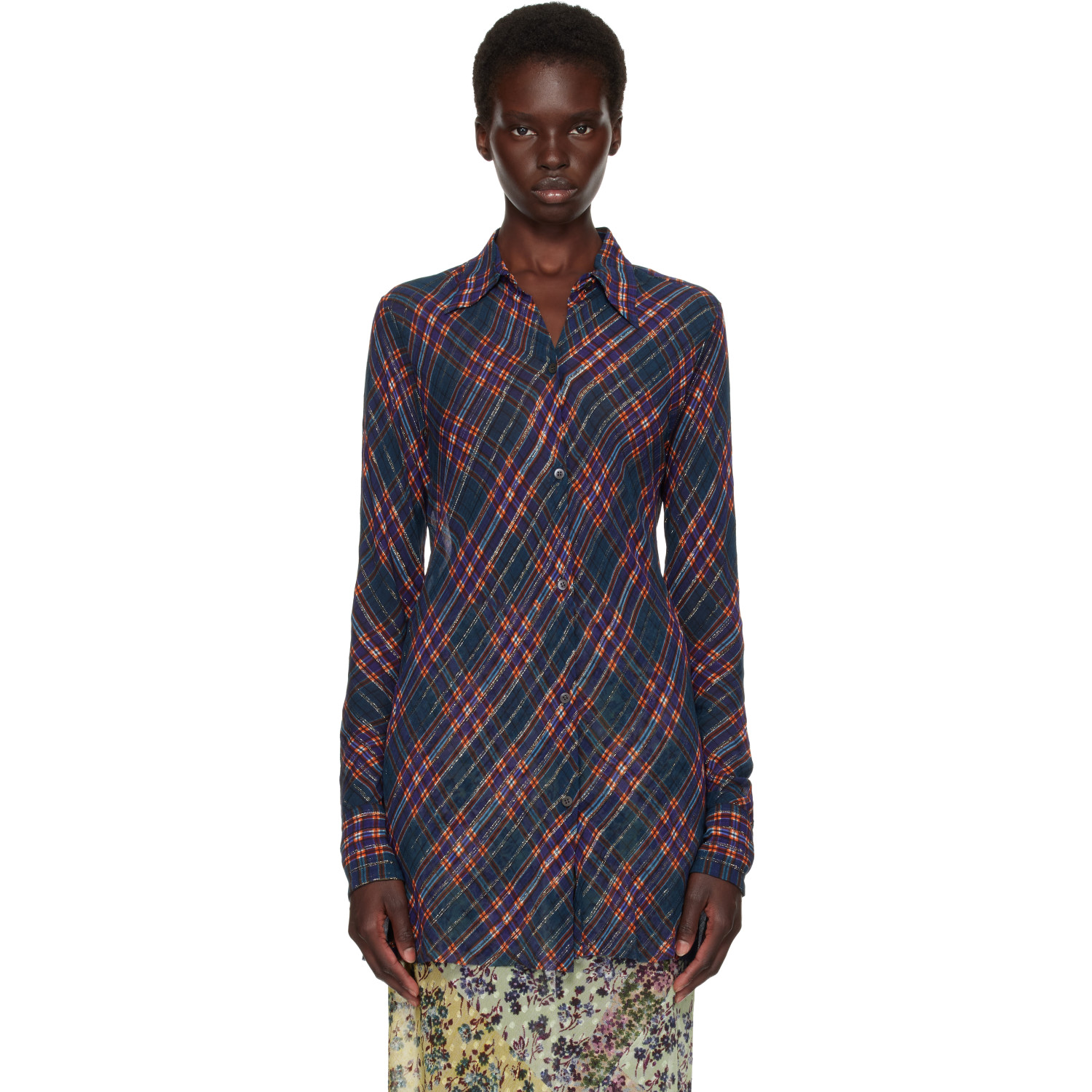 Dries Van Noten Navy & Red Fitted Lurex Shirt