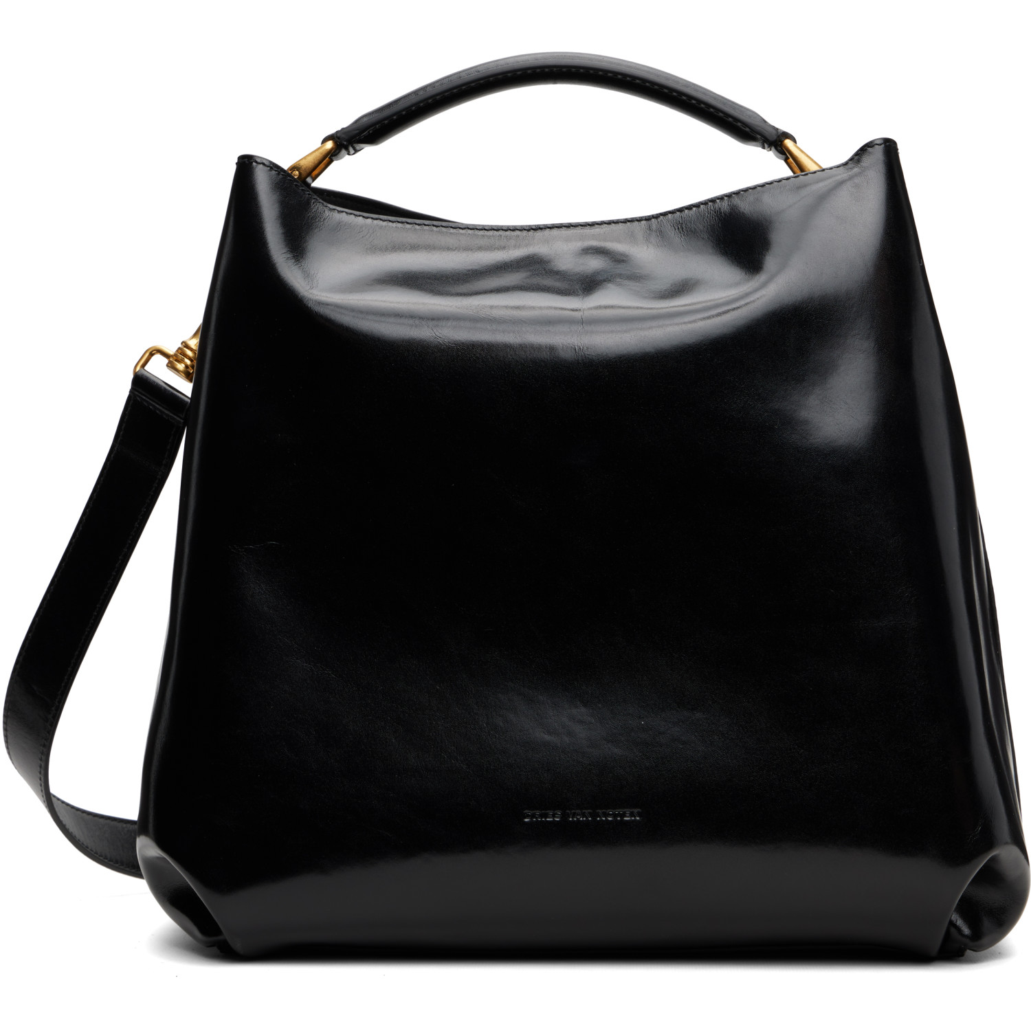 Dries Van Noten Black Polished Leather Messenger Bag
