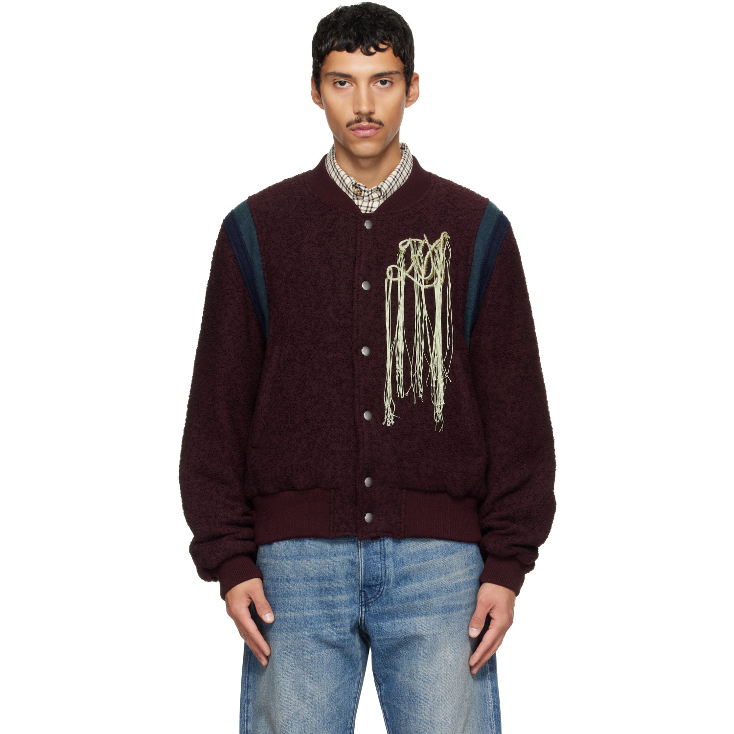 Dries Van Noten Burgundy Fringe Bomber Jacket
