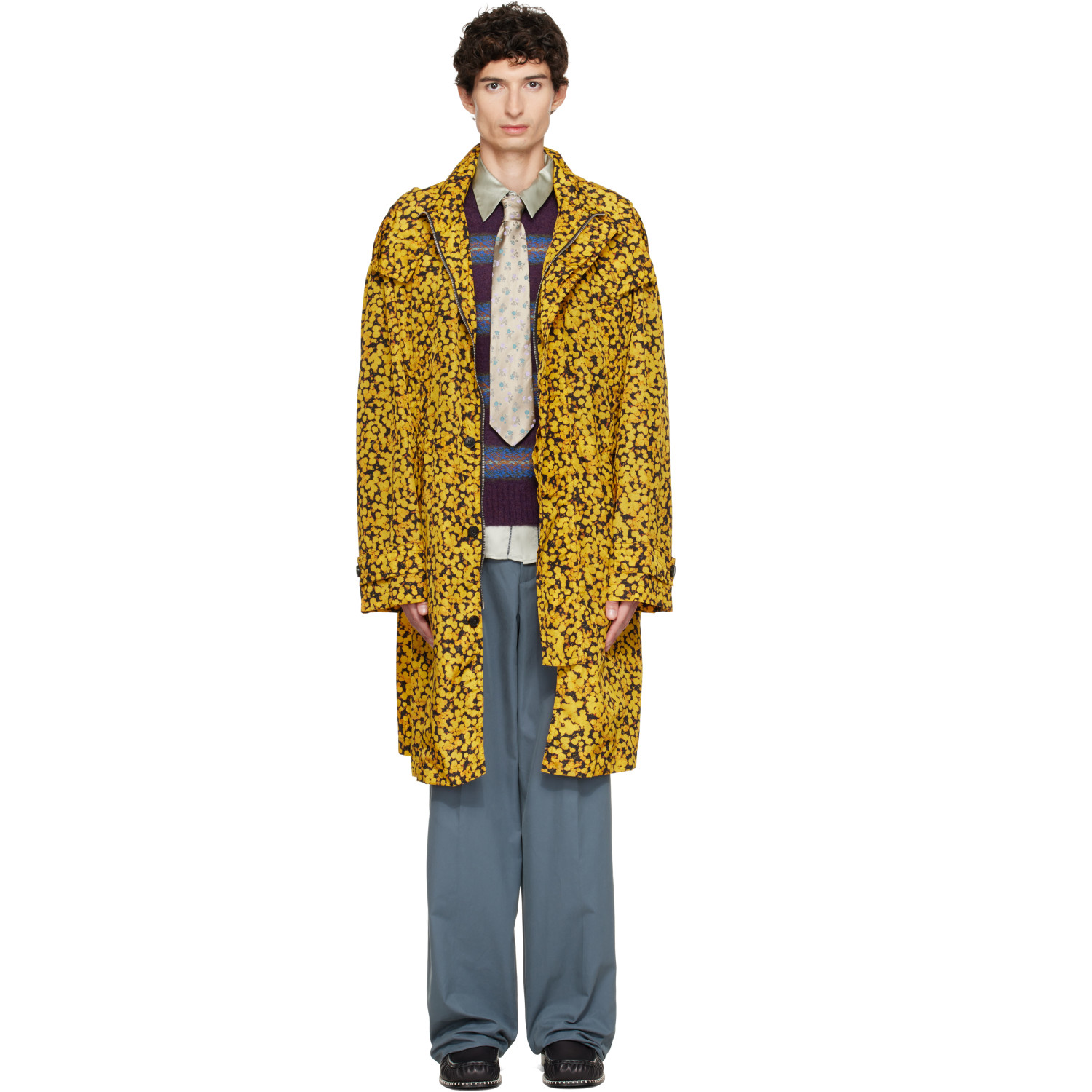Dries Van Noten Yellow Oversized Printed Parka Coat