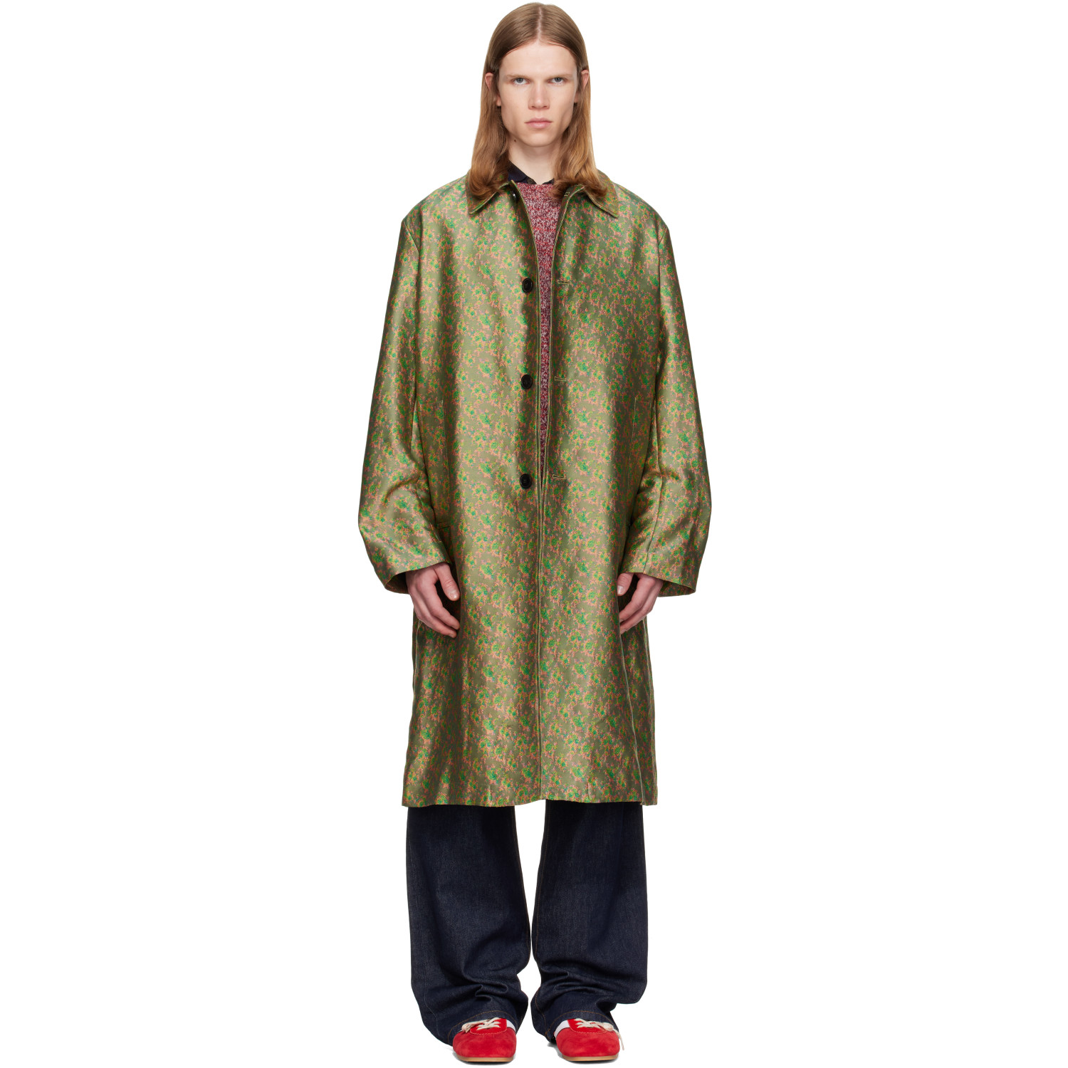 Dries Van Noten Green Jacquard Coat